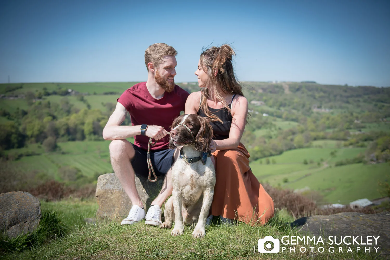 a couple with their dog during their Yorkshire engagement photo shoot