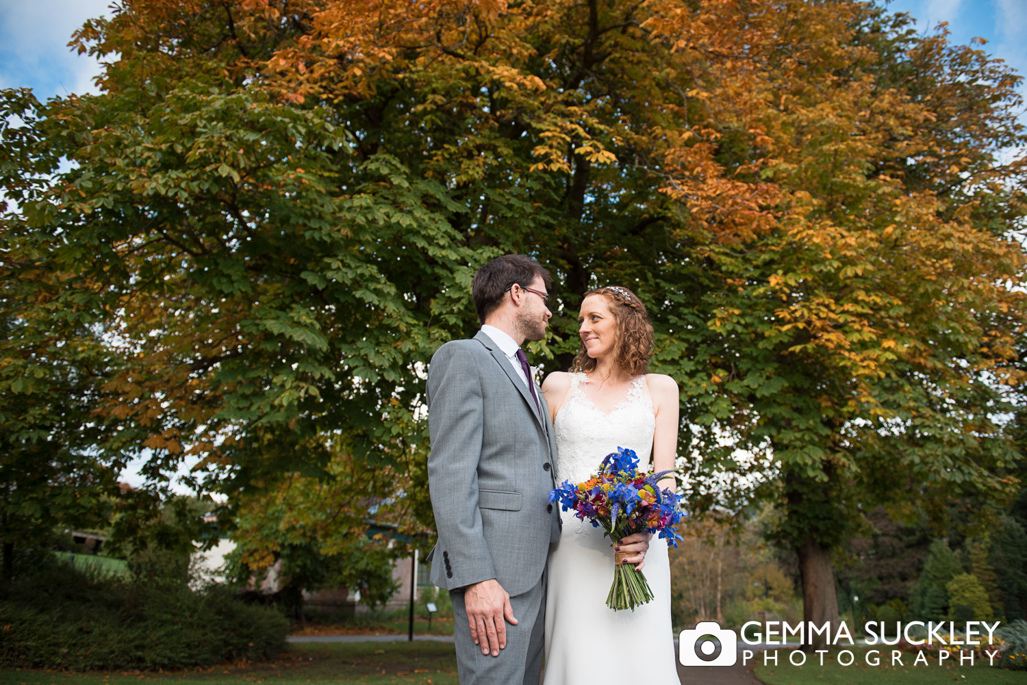 Autumn wedding photos in Valley Garden's in Harrogate