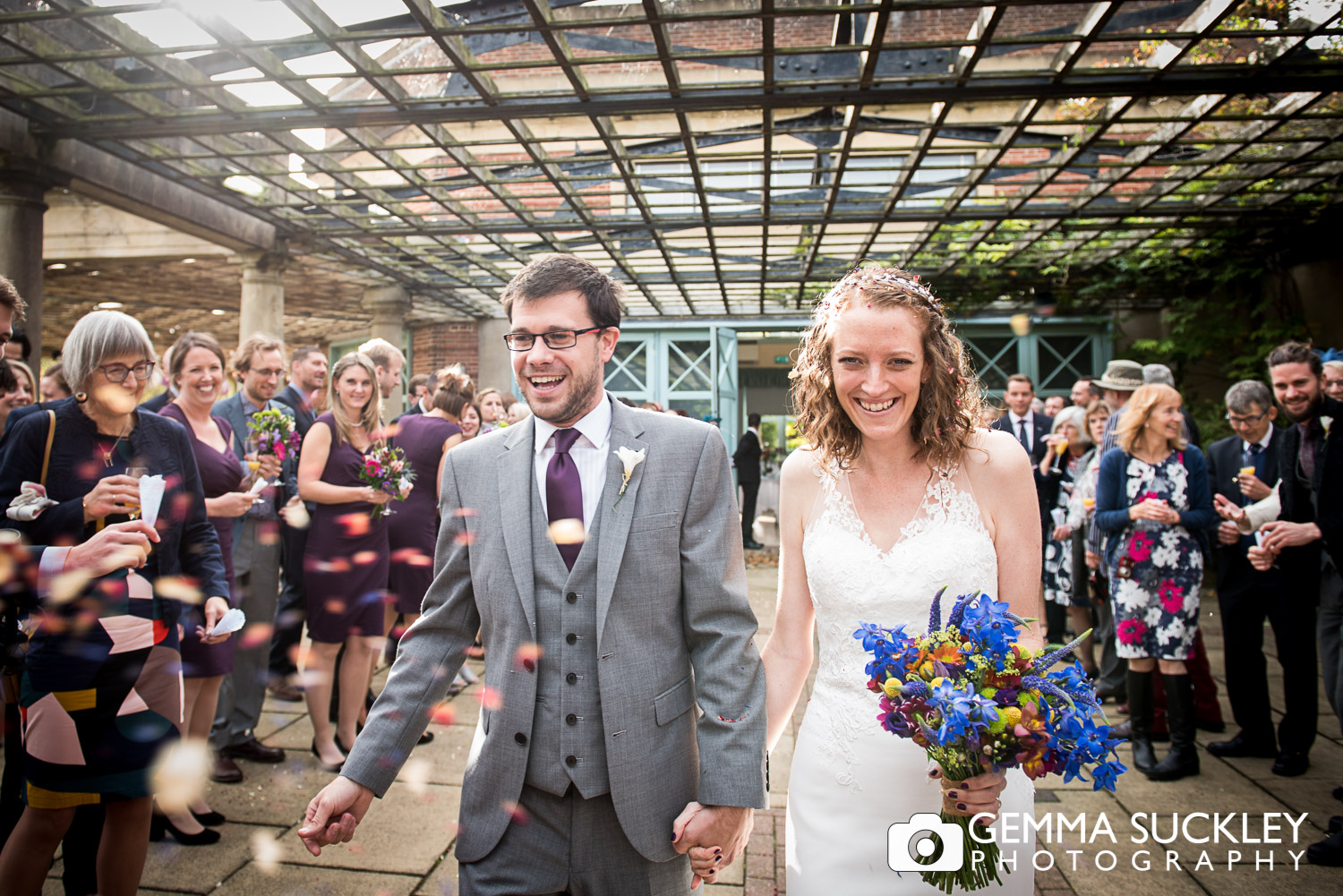 guests throwing confetti at Sun Pavilion, Harrogate wedding 