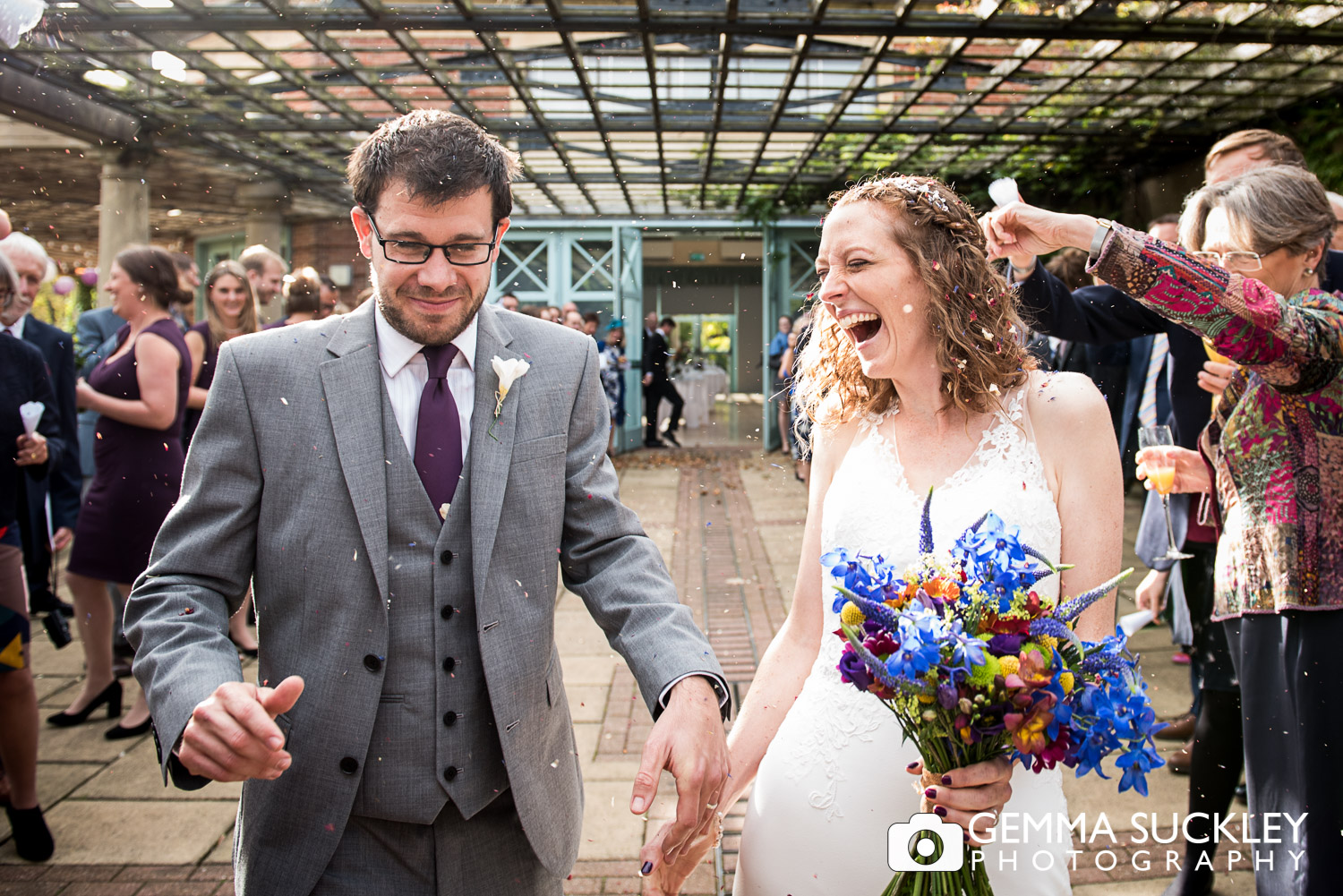 guests throwing confetti at Sun Pavilion, Harrogate wedding 