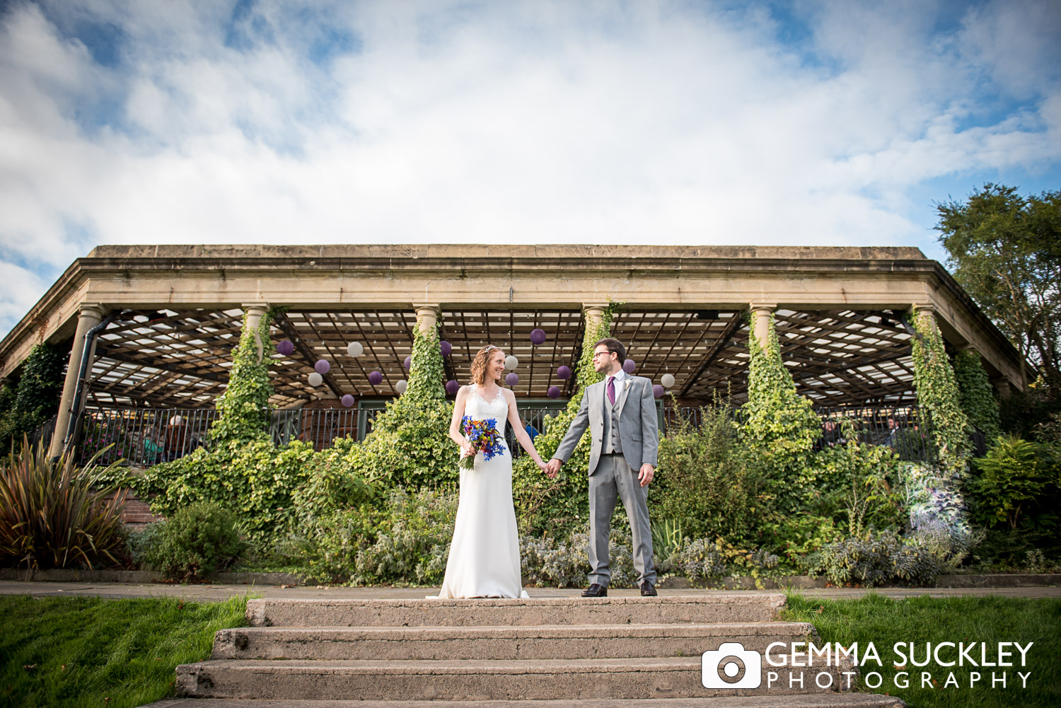 bride and groom outside the Sun pavilion in Harrogate