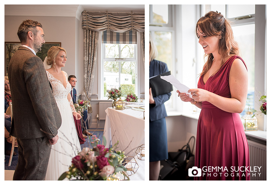 bridesmaid giving a reading during the wedding ceremony