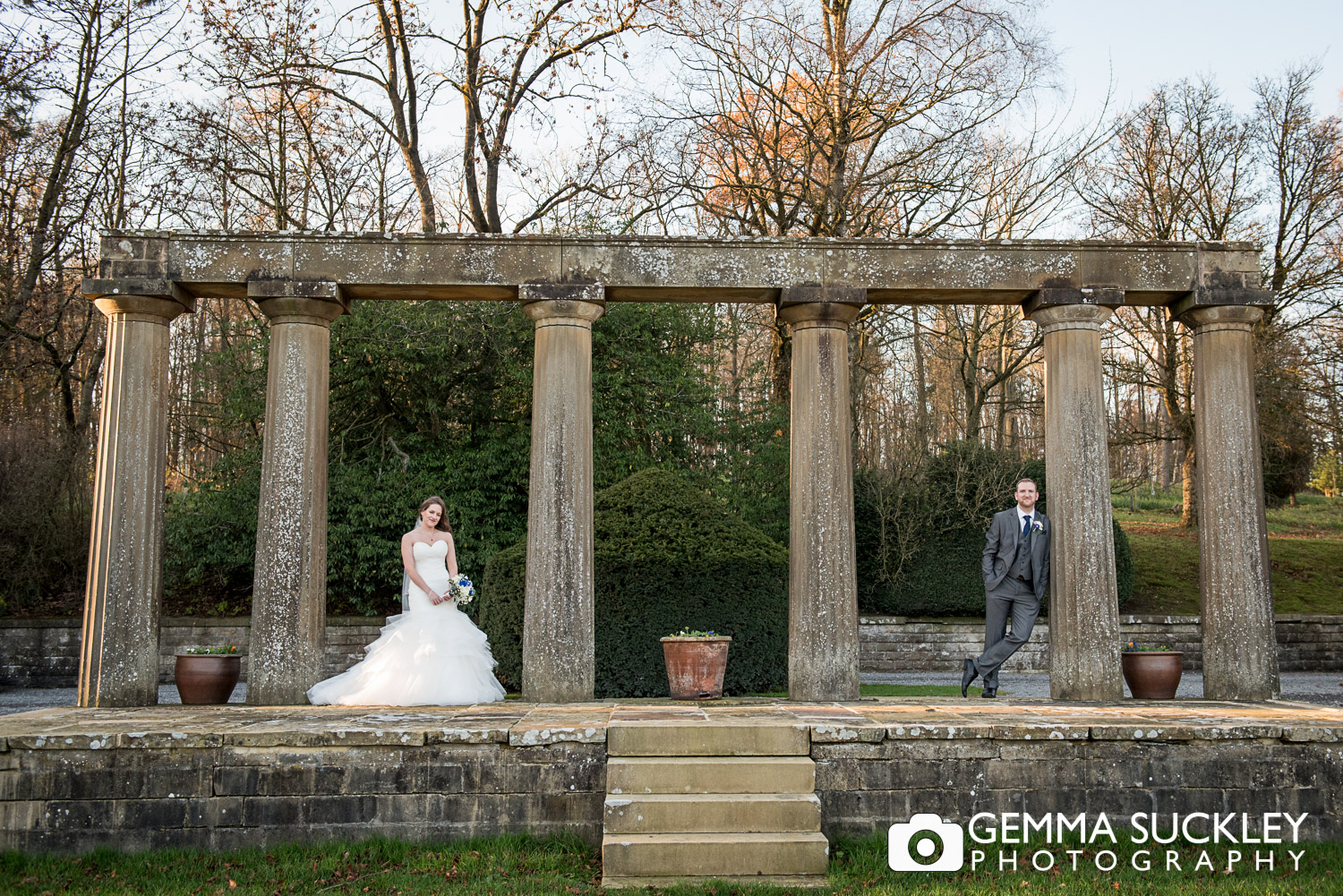 bride and groom at the ruins of Coniston Hall Skipton