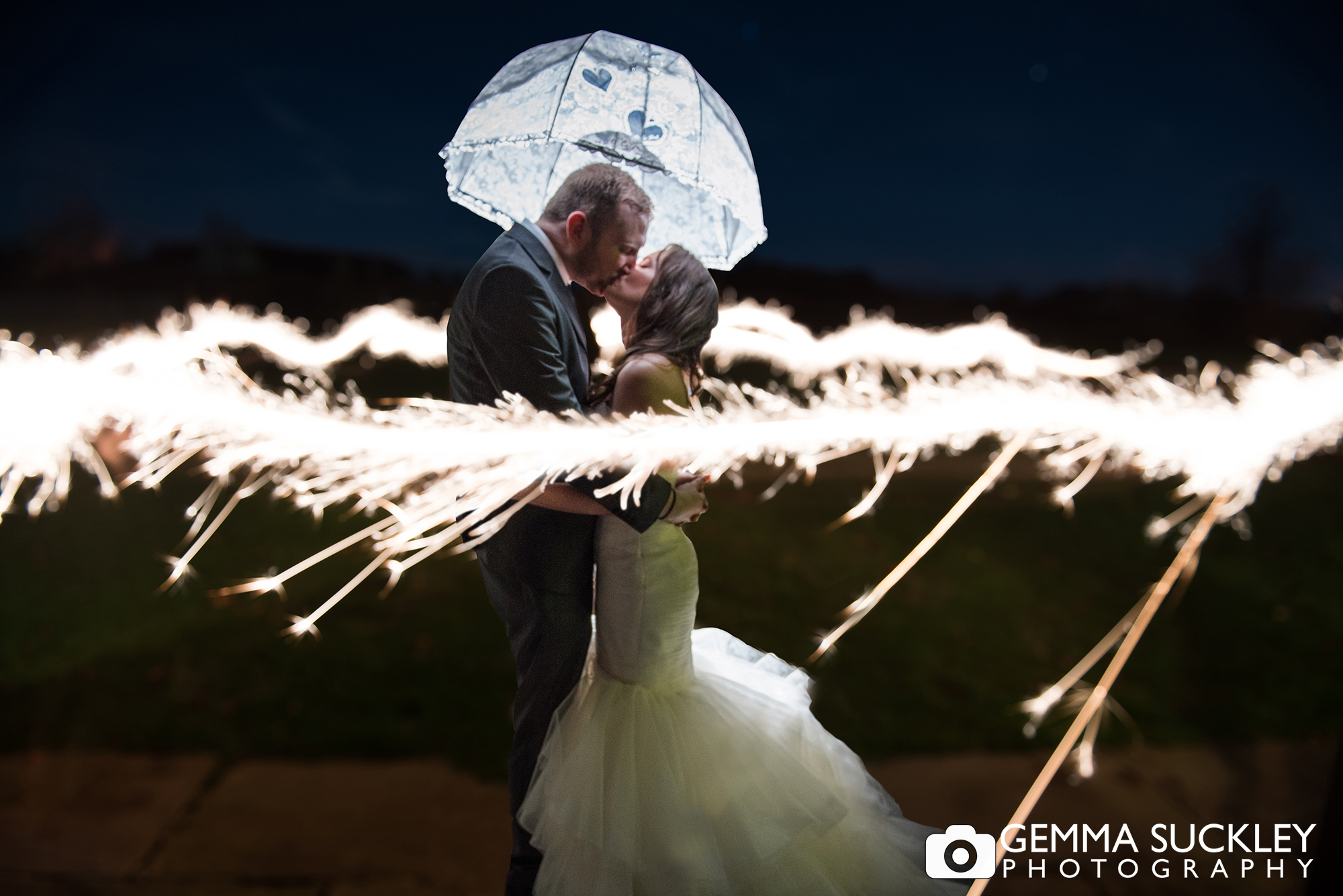 Coniston Hall wedding photography at night with sparklers