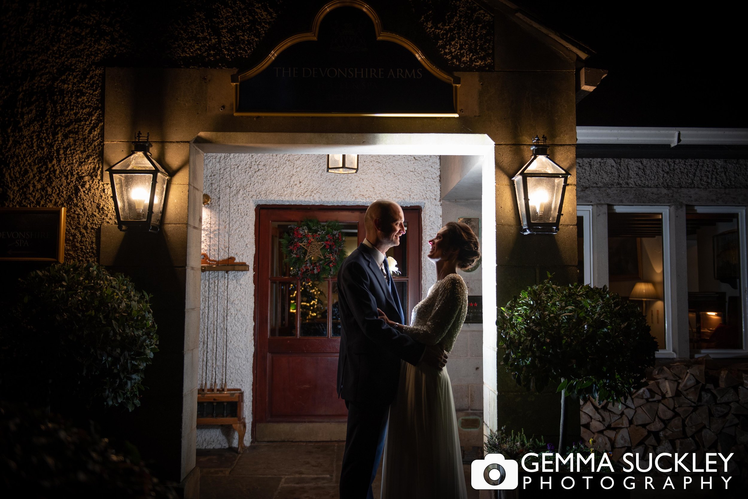 night photography of bride and groom outside the Devonshire Arms, Skipton