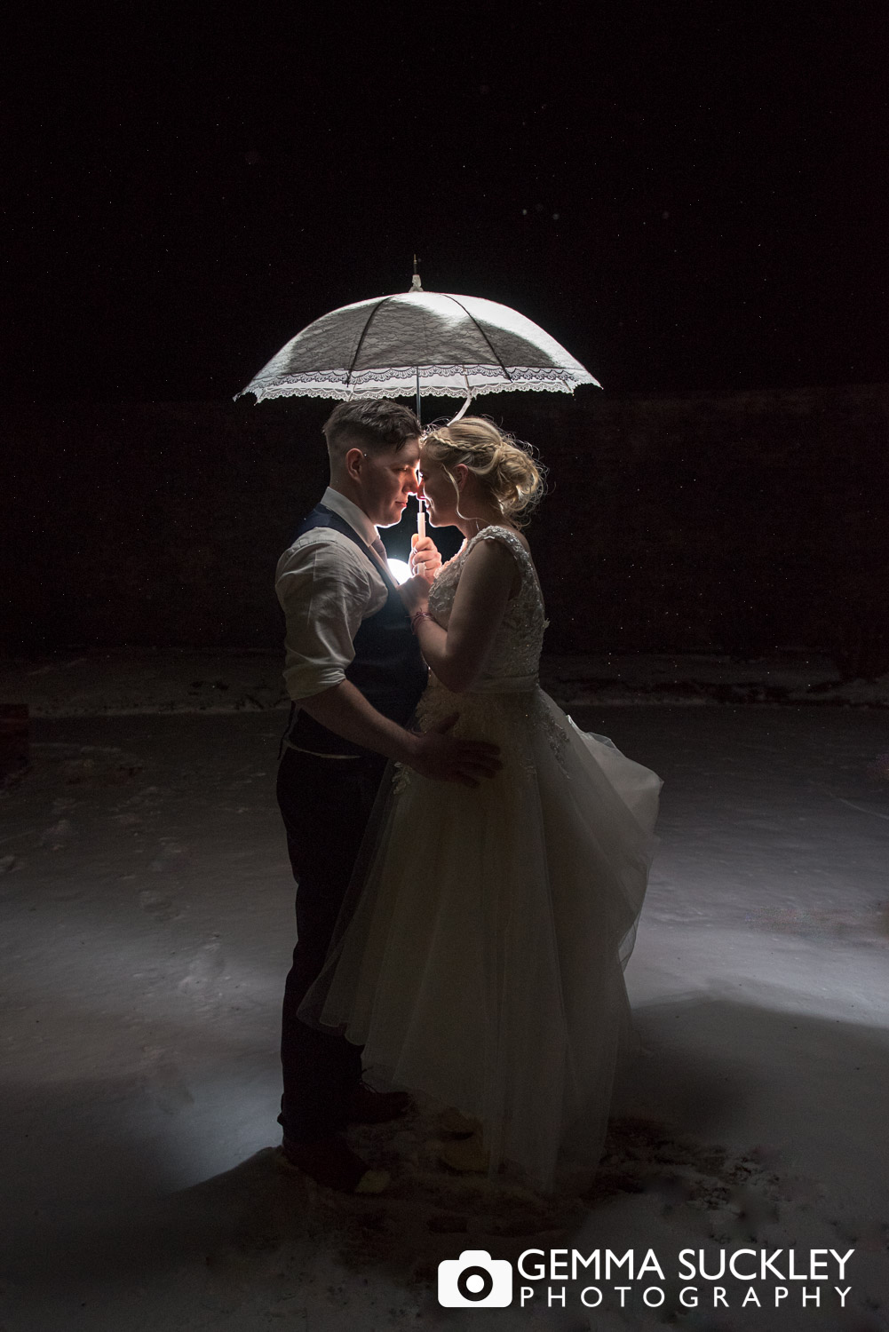 bride and groom under an umbrella outside at Broughton Hall snowy wedding