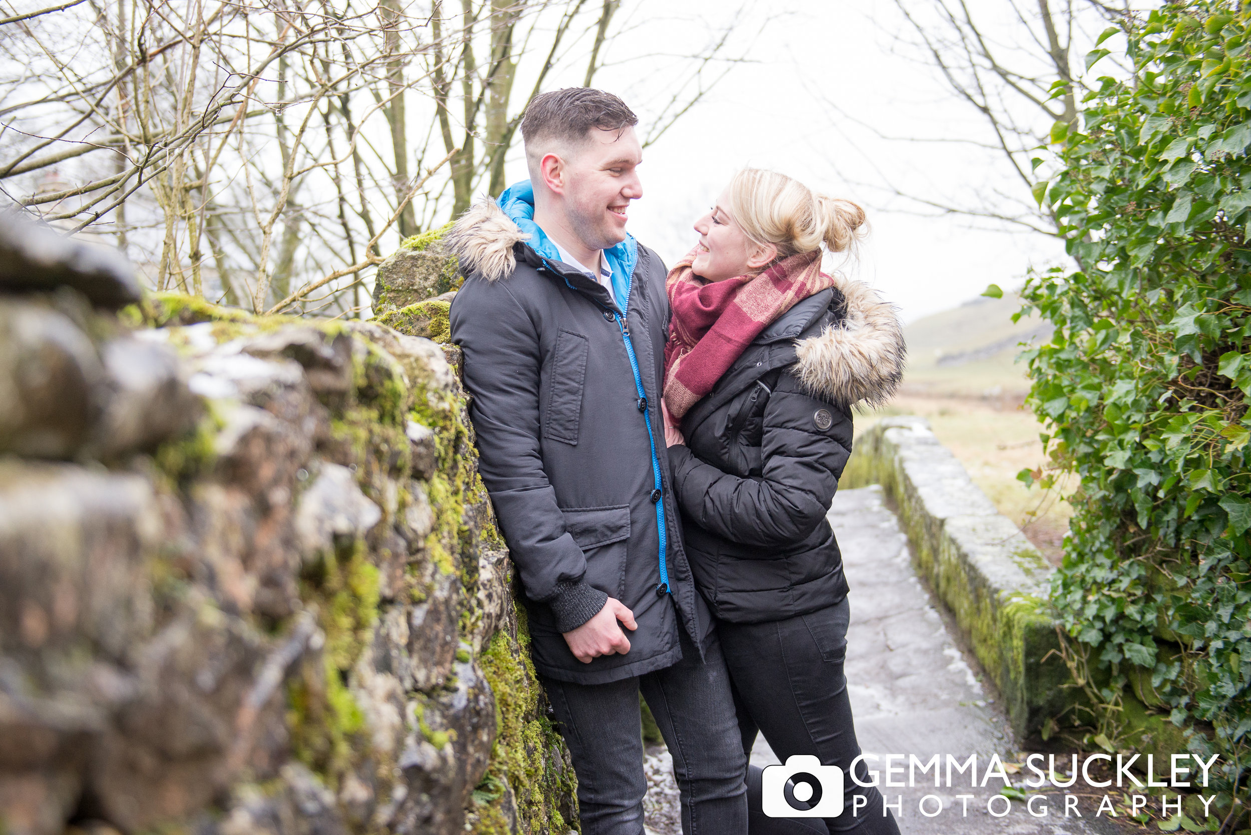 engaged couple at Linton falls looking into each other eyes during their engagement shoot  