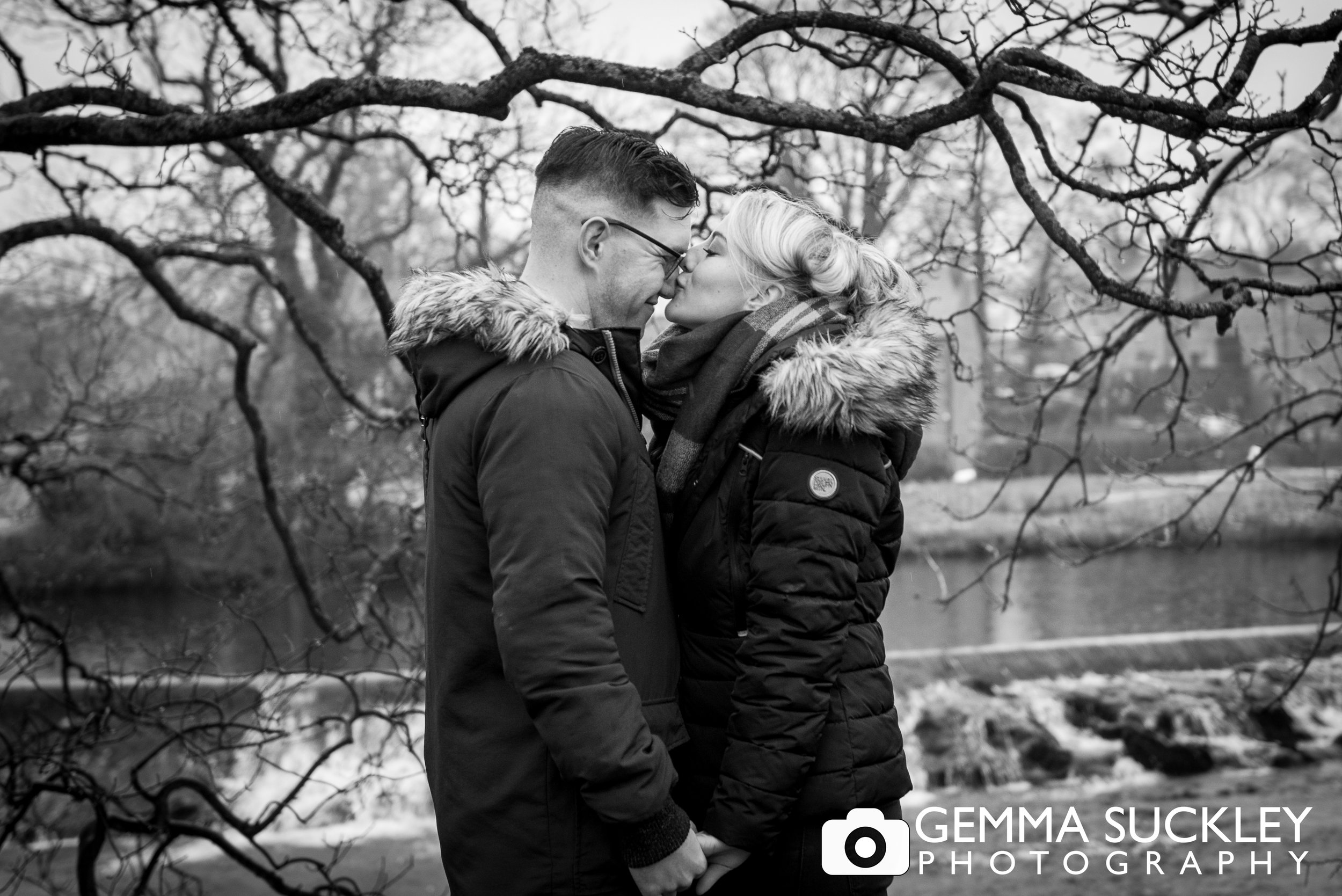engaged couple at Linton Falls, during their North Yorkshire engagement photo shoot