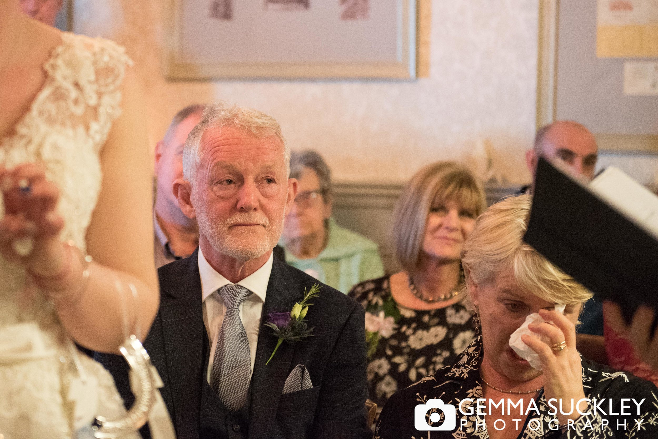 emotional wedding guests during wedding ceremony at grassington house