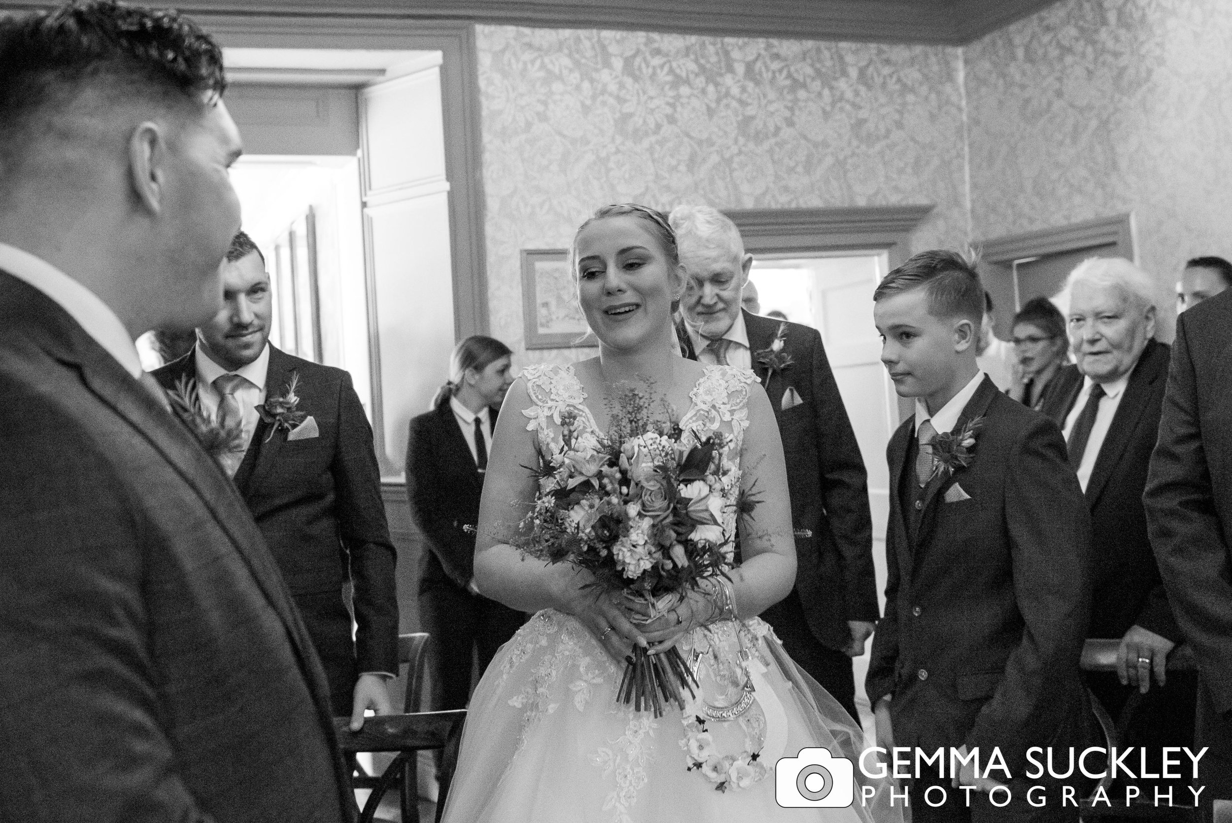 bride looking into the grooms eyes at grassington house wedding ceremony