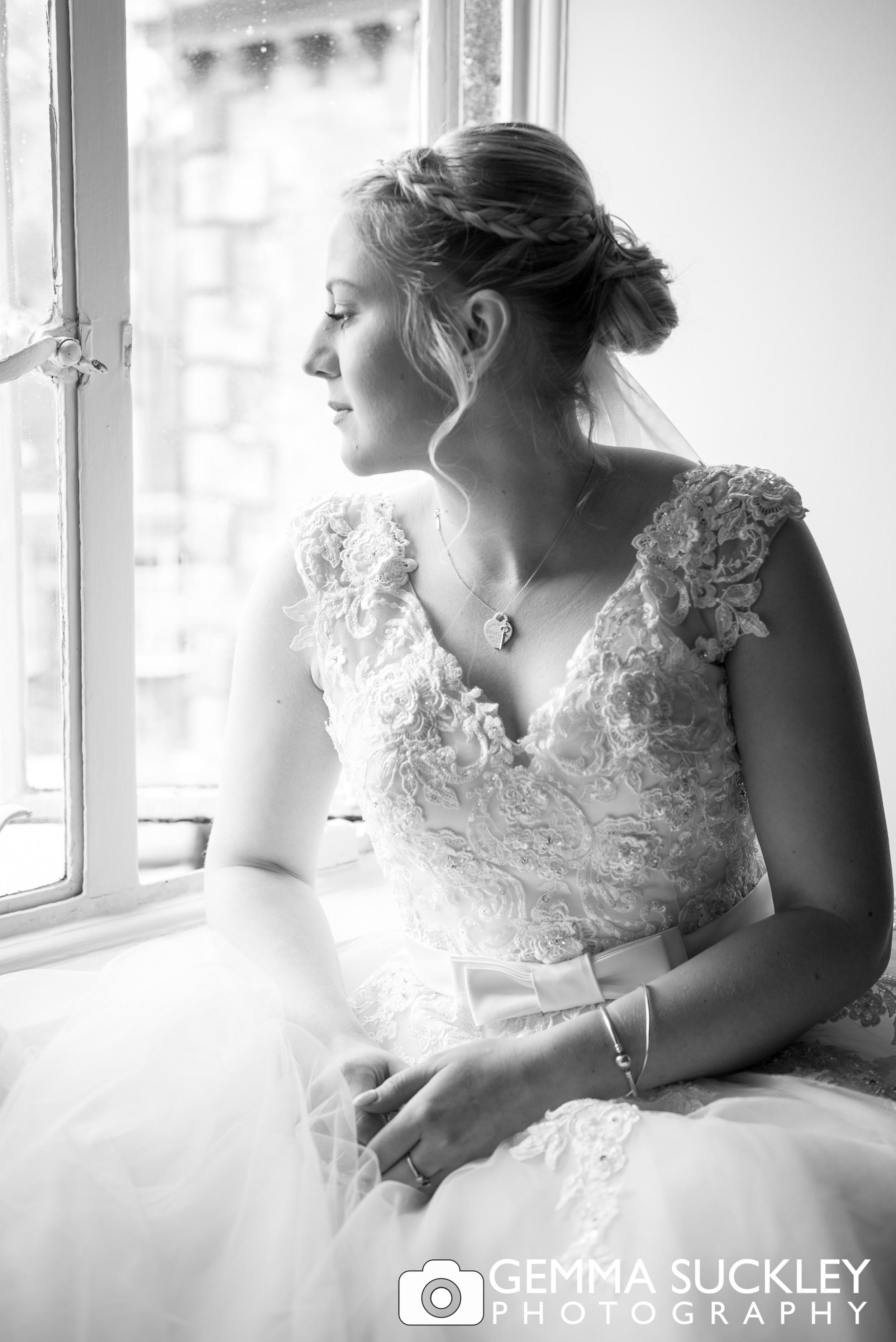 black and white wedding photography of bride at grassington house