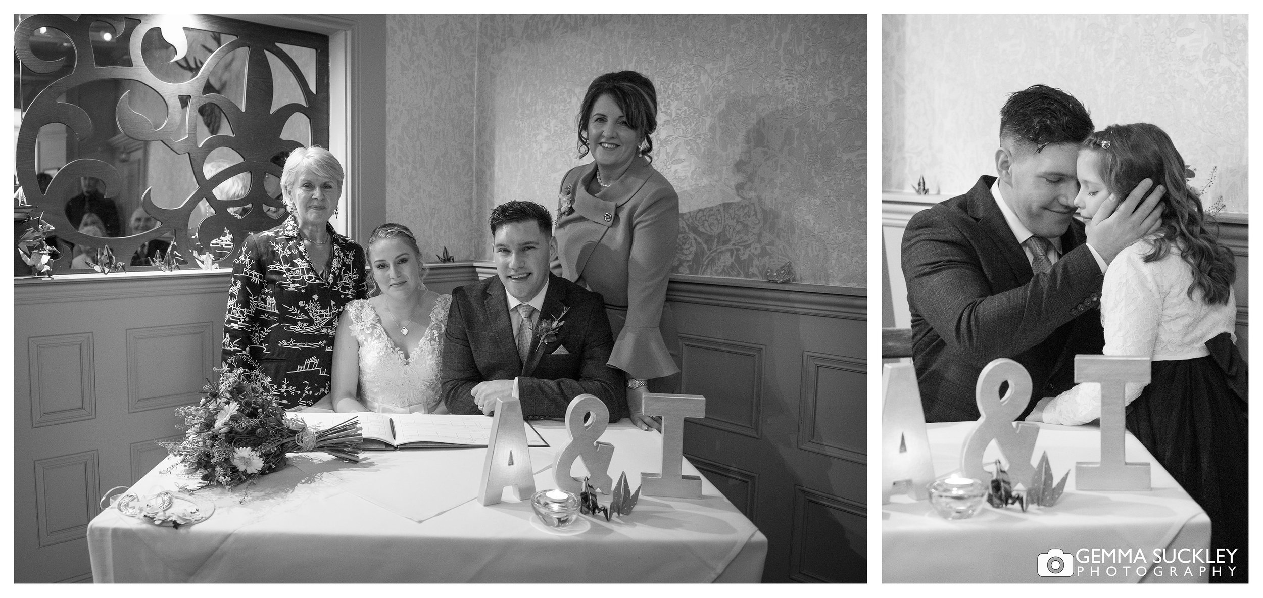 groom hugging his daughter at grassington wedding