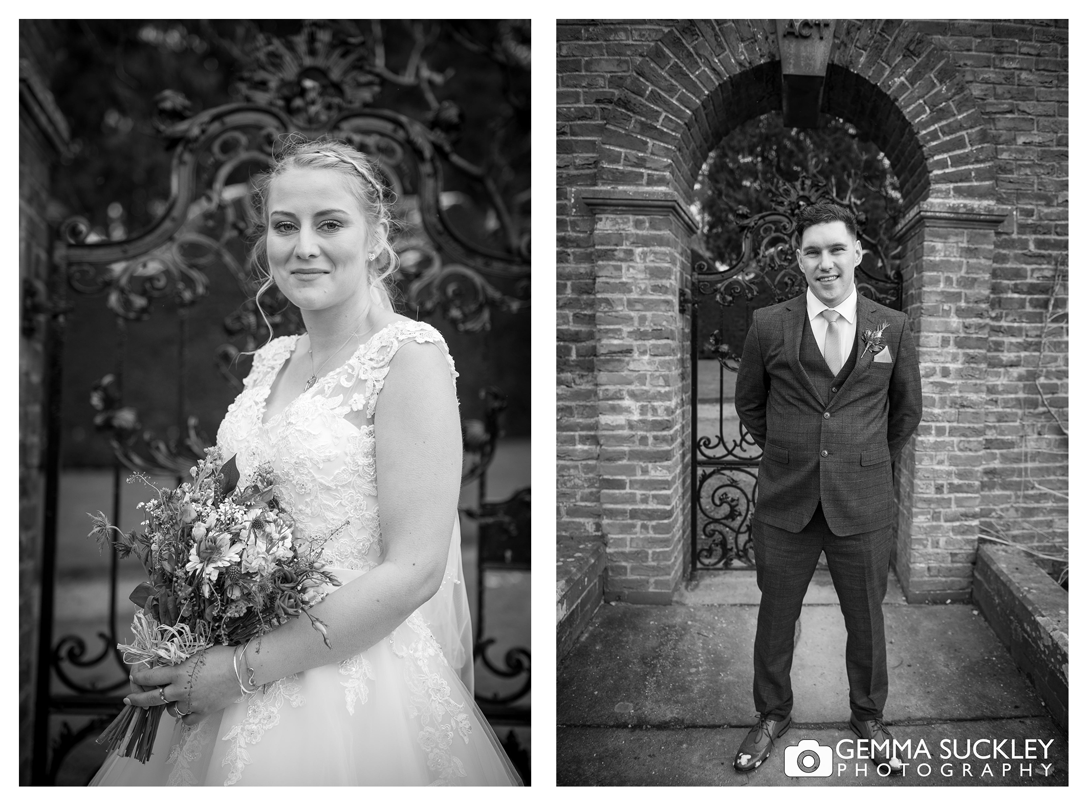 black and white wedding photography of bride and groom at broughton hall