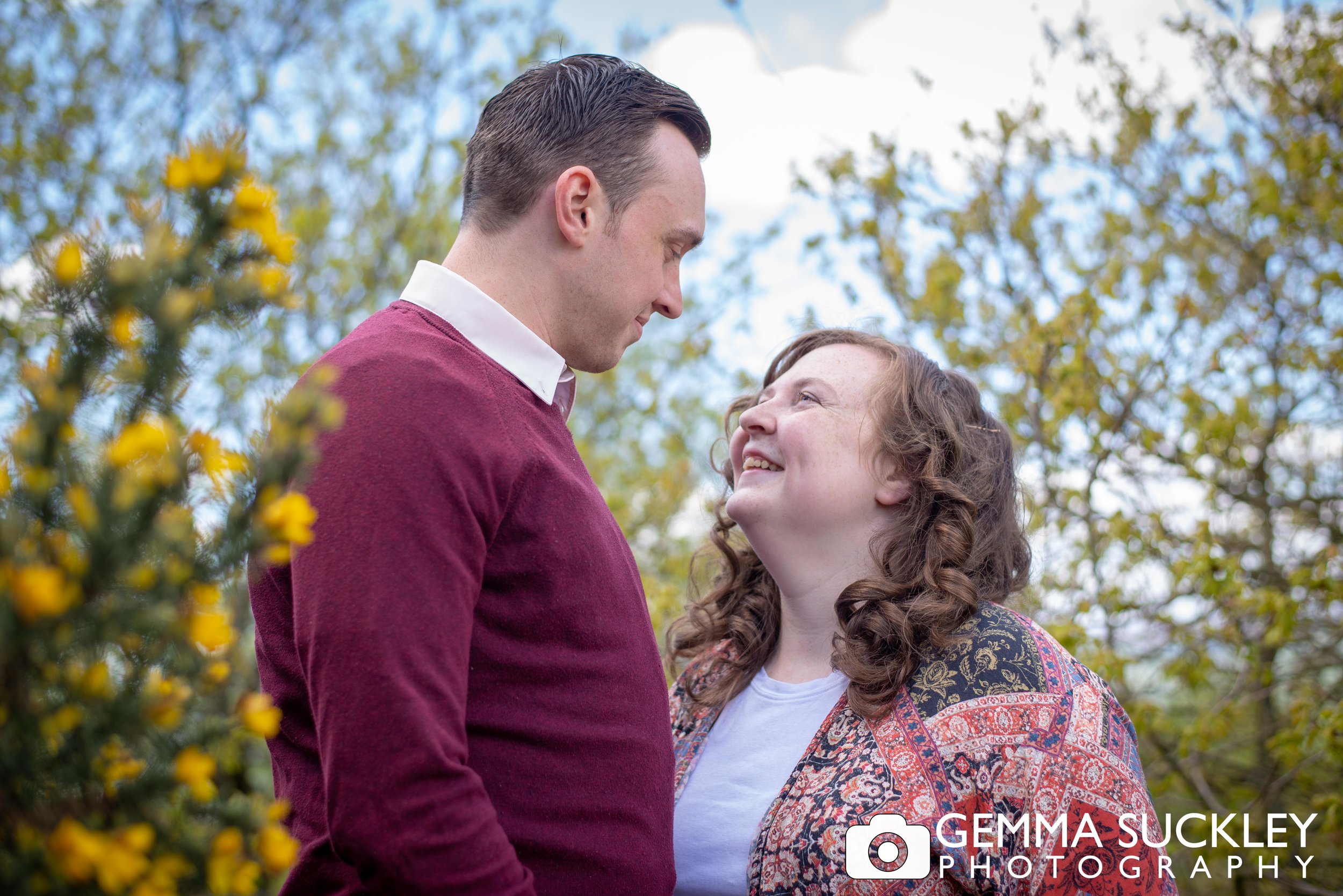 spring photo shoot of engaged couple at otley chevin