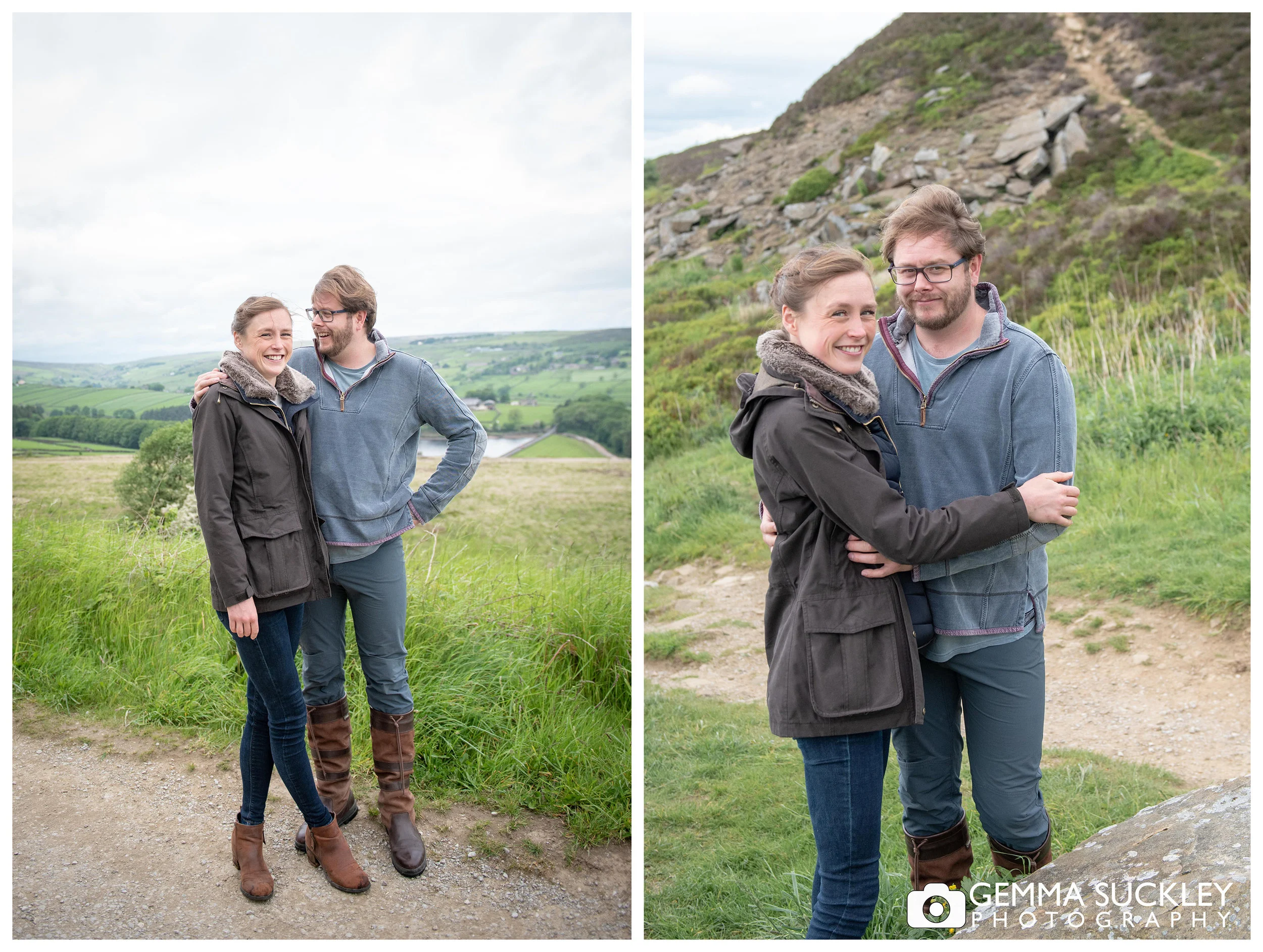 engaged couple hugging in haworth