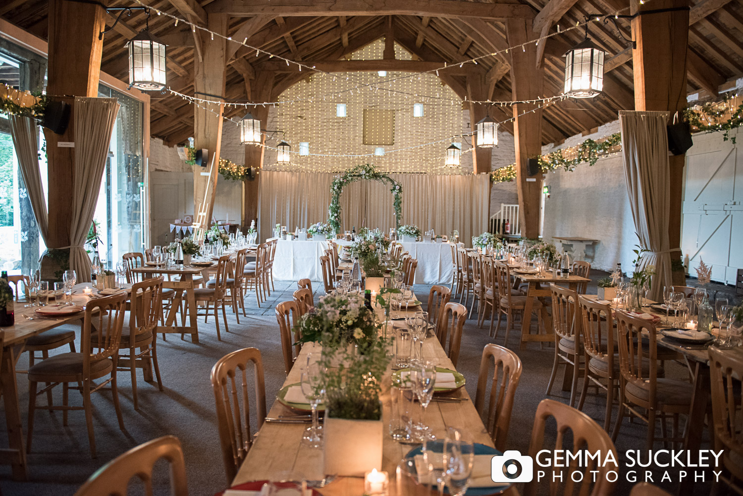 the barn decorated for a wedding at east riddlesden hall