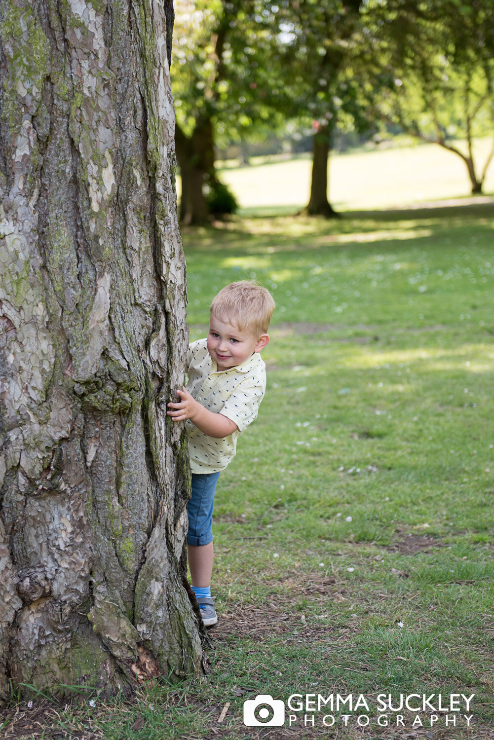 little boy hiding from the camera behind a tree