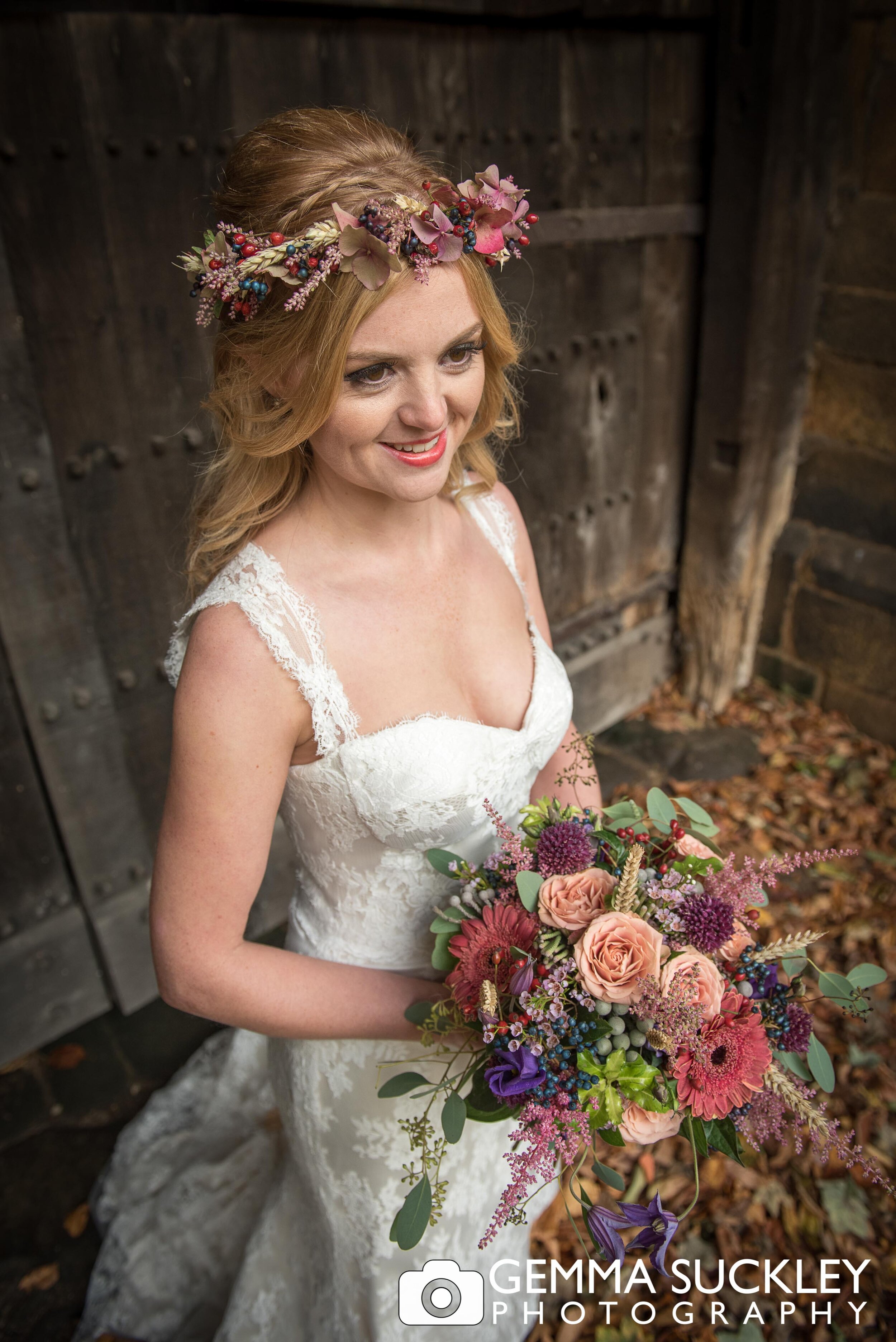 wedding photo of a bride wear a floral crown