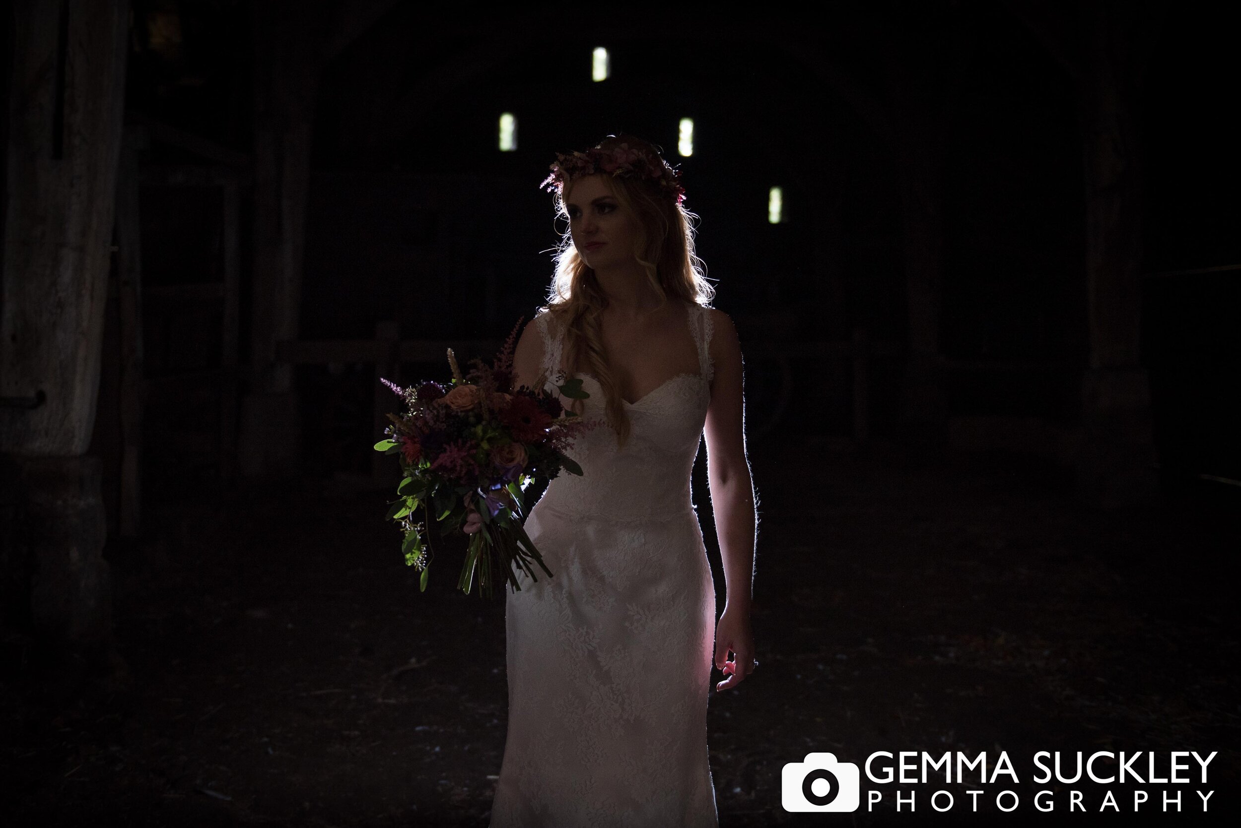 a bride in the  airedale barn at east riddlesden hall