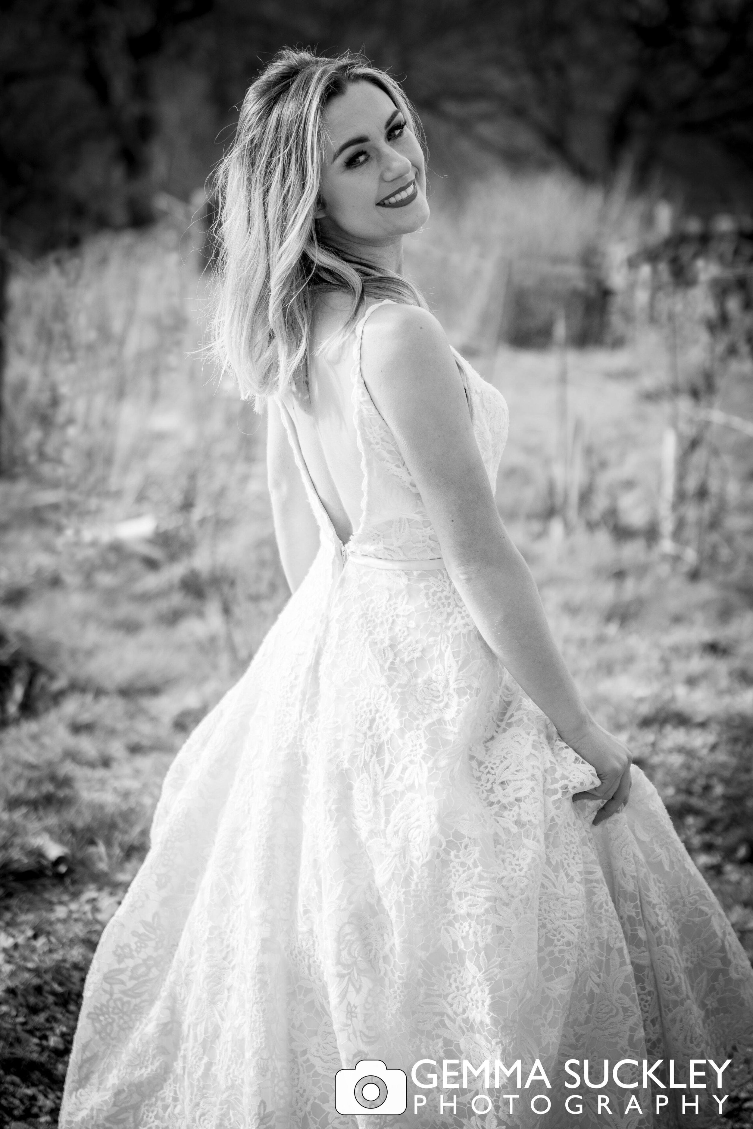 black and white portrait of a bride at holmefirth vineyard