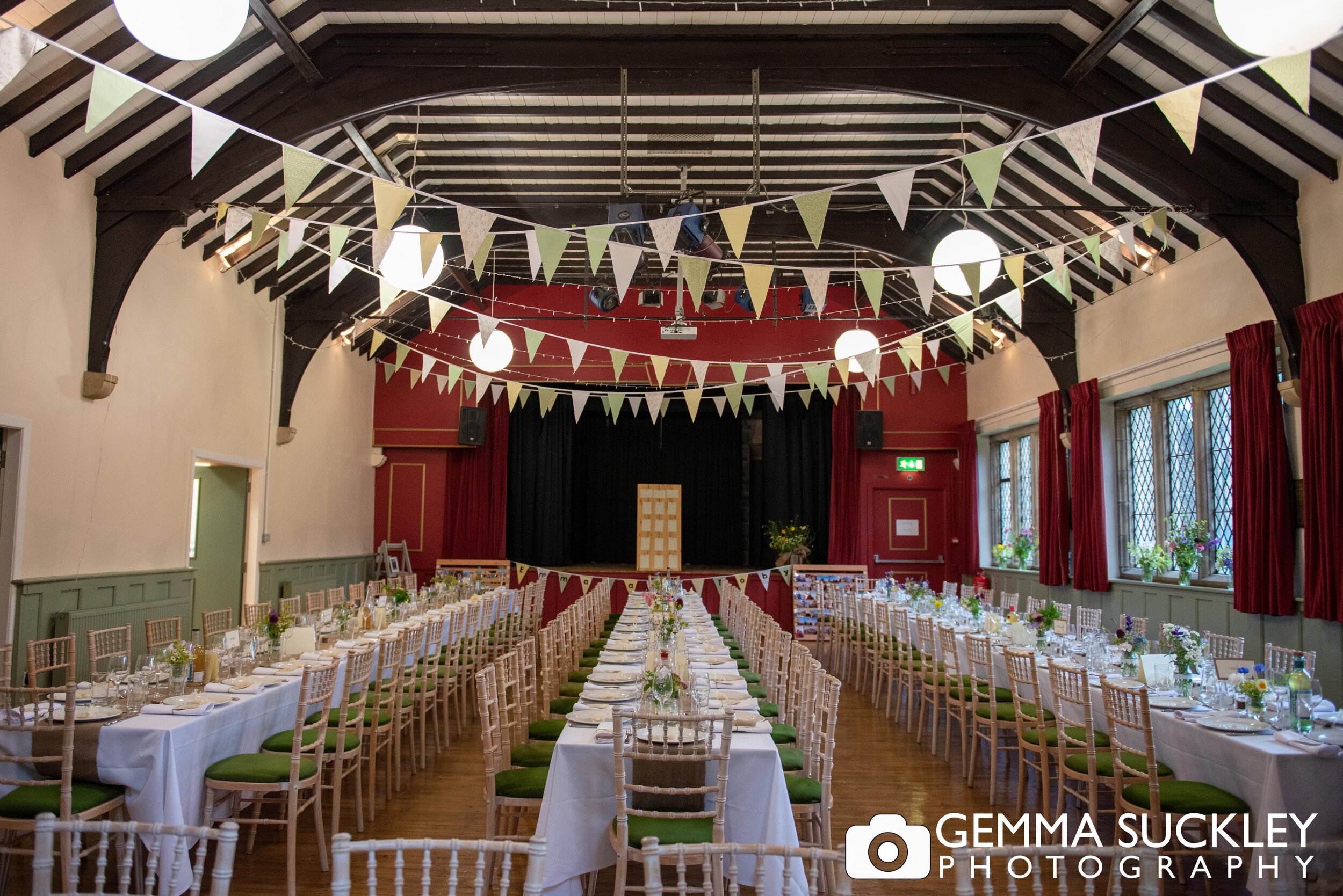 burnsall village hall decorated for a wedding