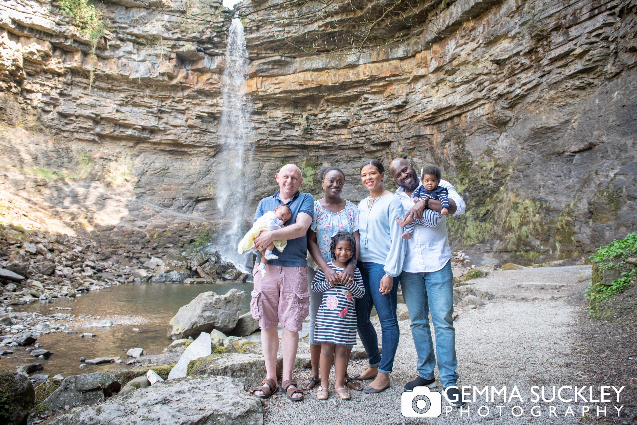 family group photo at hardraw force waterfall