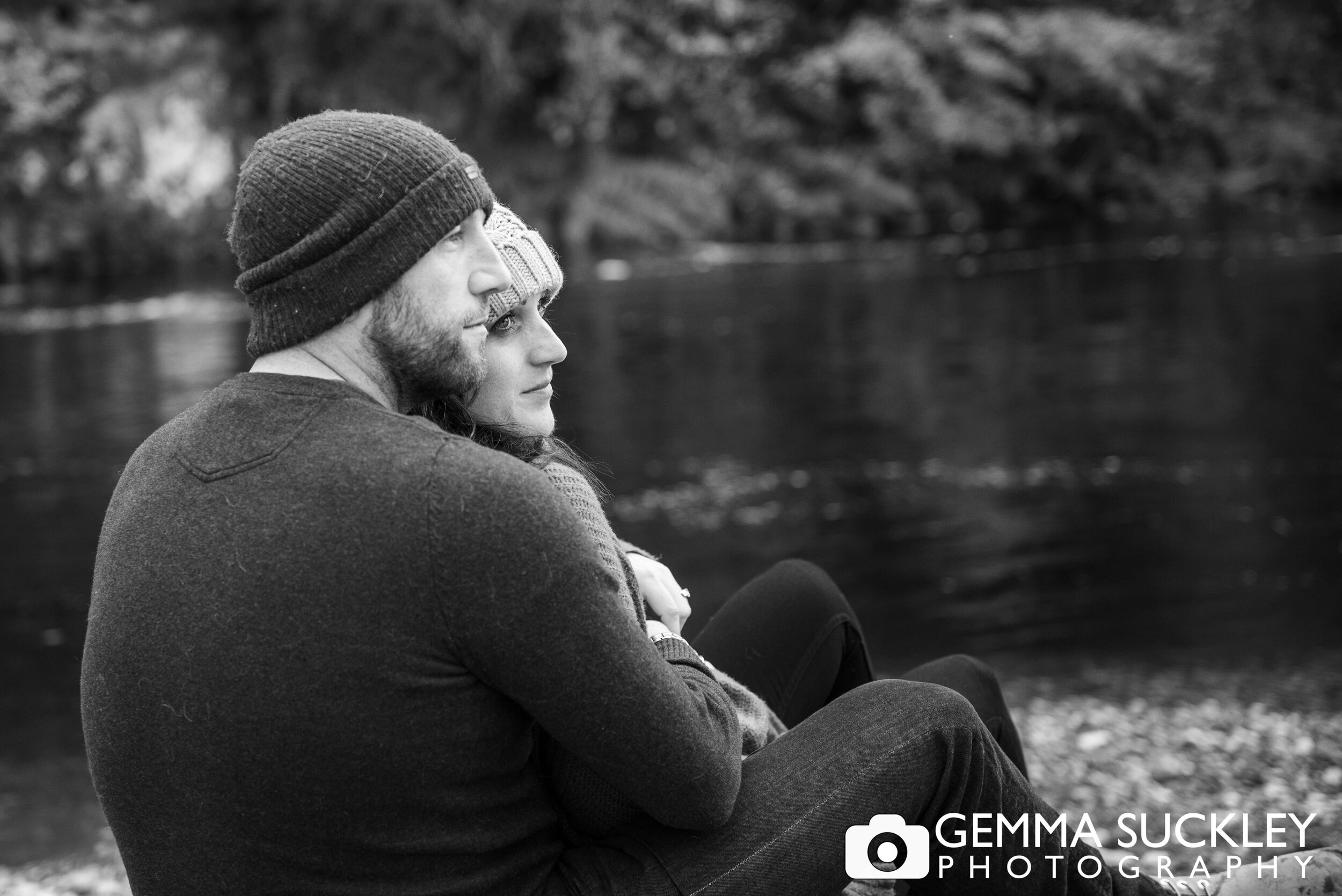 black and white close up photo of a couple looking peaceful at bolton abbey