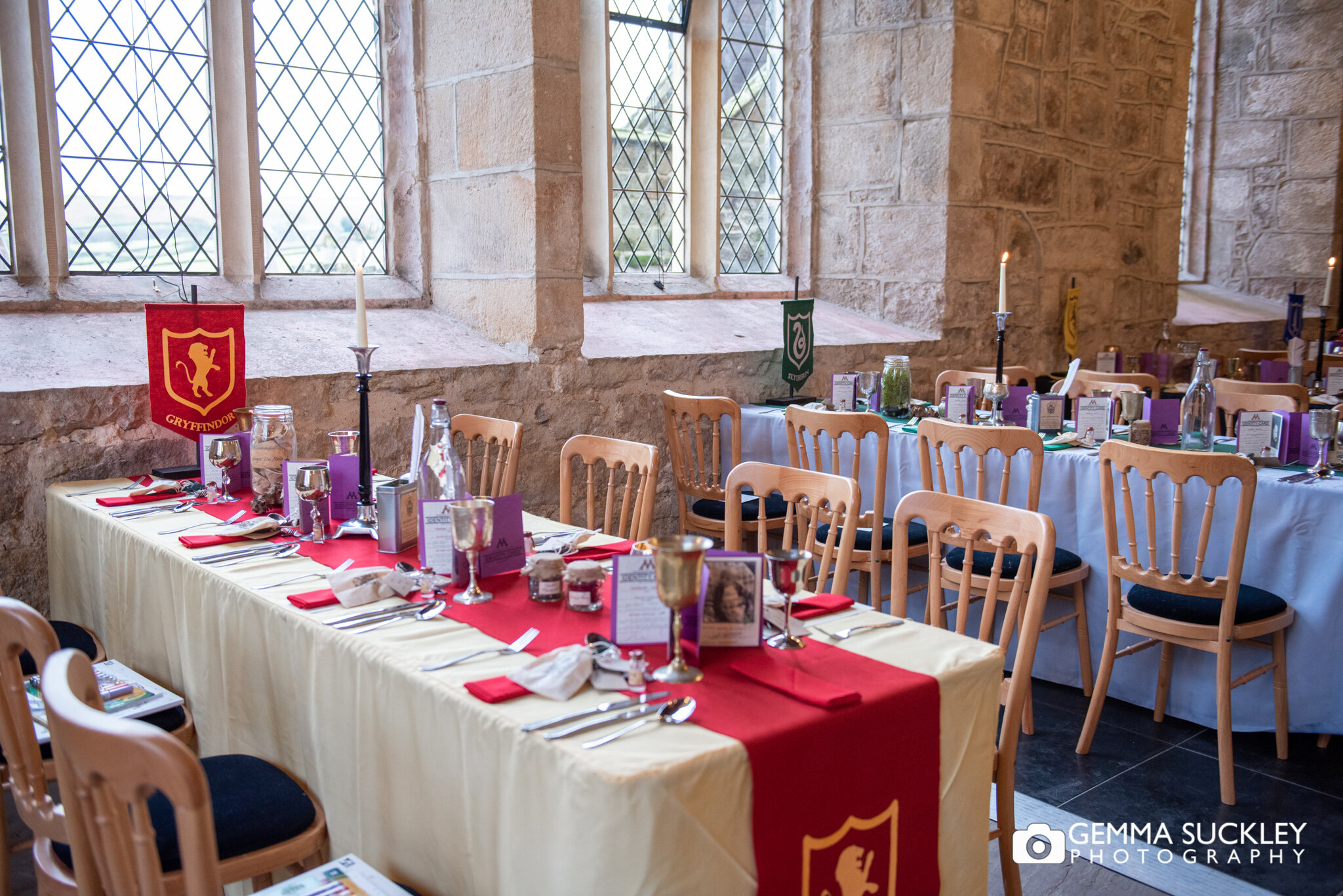 Gryffindor styled  wedding table at the priest house