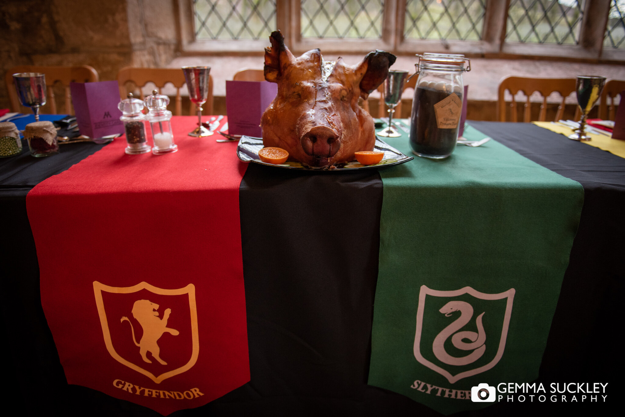 a hogs head on the banquet table at the priest house wedding