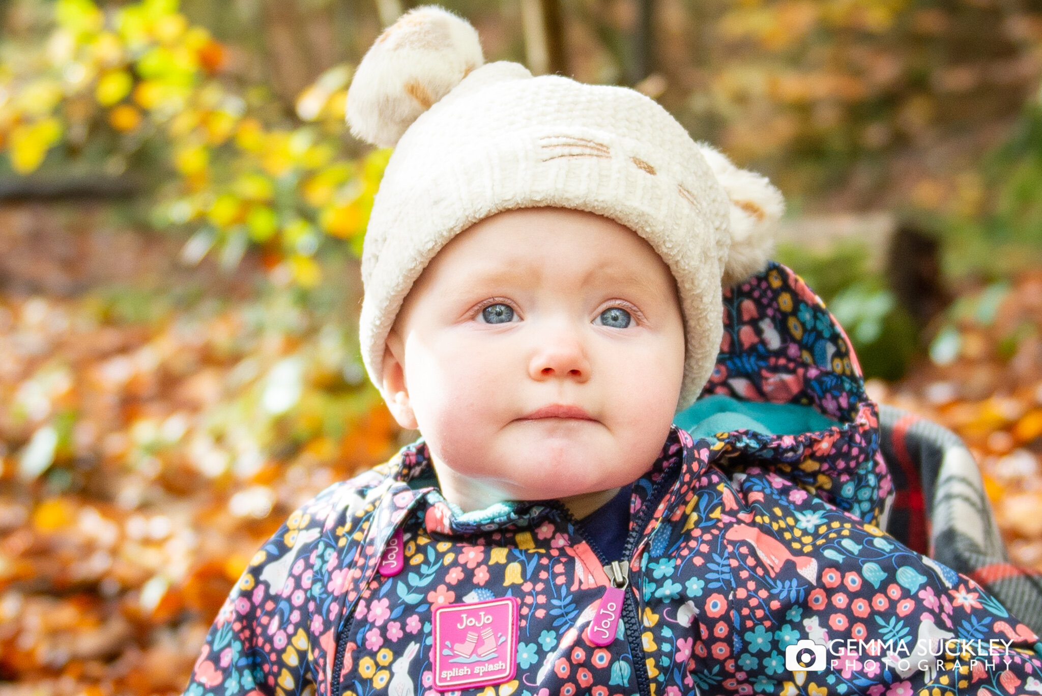 a close up baby portrait of a baby with a winter hat and onsie on 