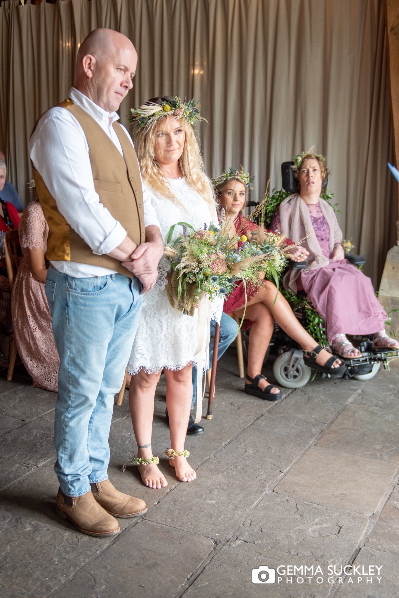 bear foot bride and her groom at east riddlesden hall