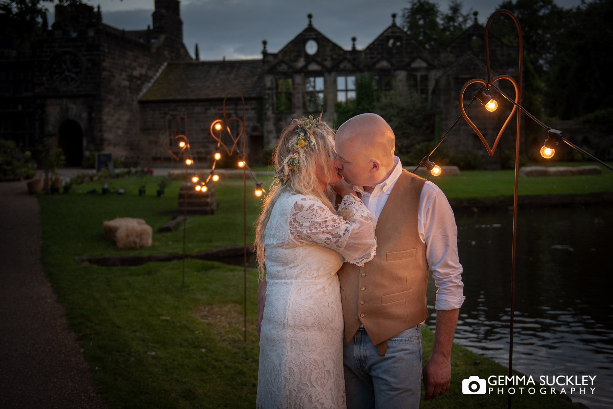 night photography of the bride and groom by east riddlesden hall