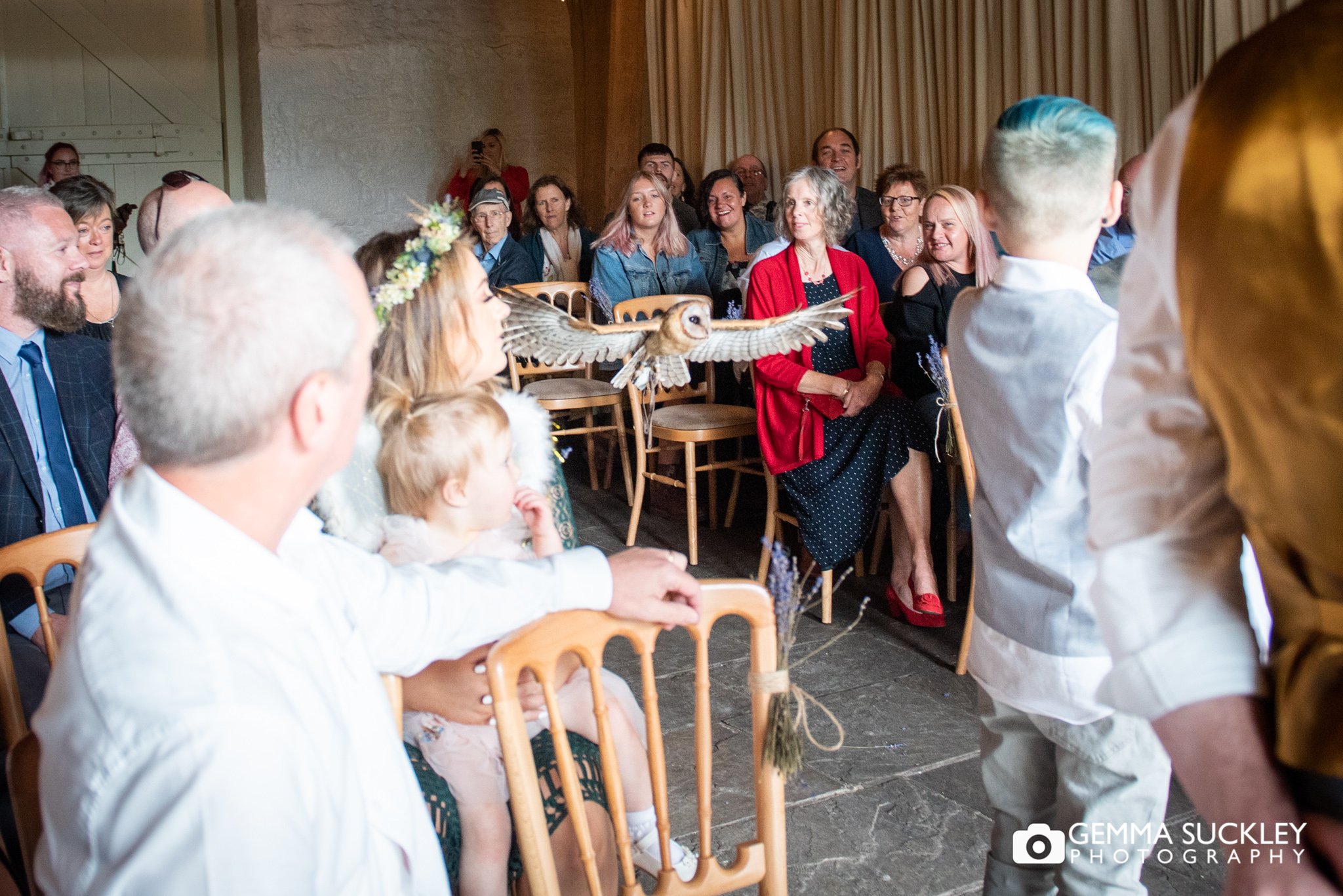 an owl ring bearer flying down the aisle at east riddlesen hall wedding 