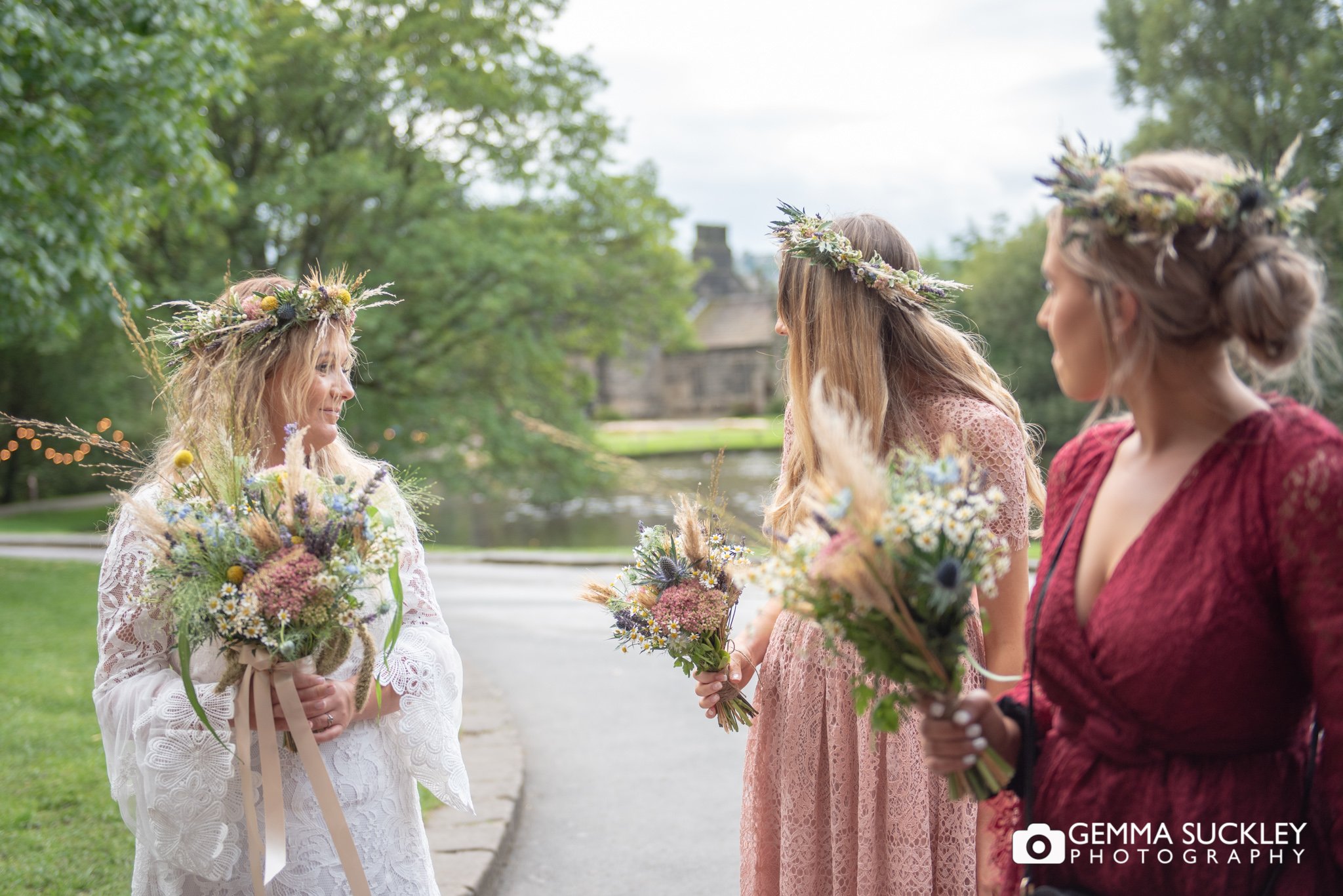 the bride and bridesmaids at east riddlesden hall