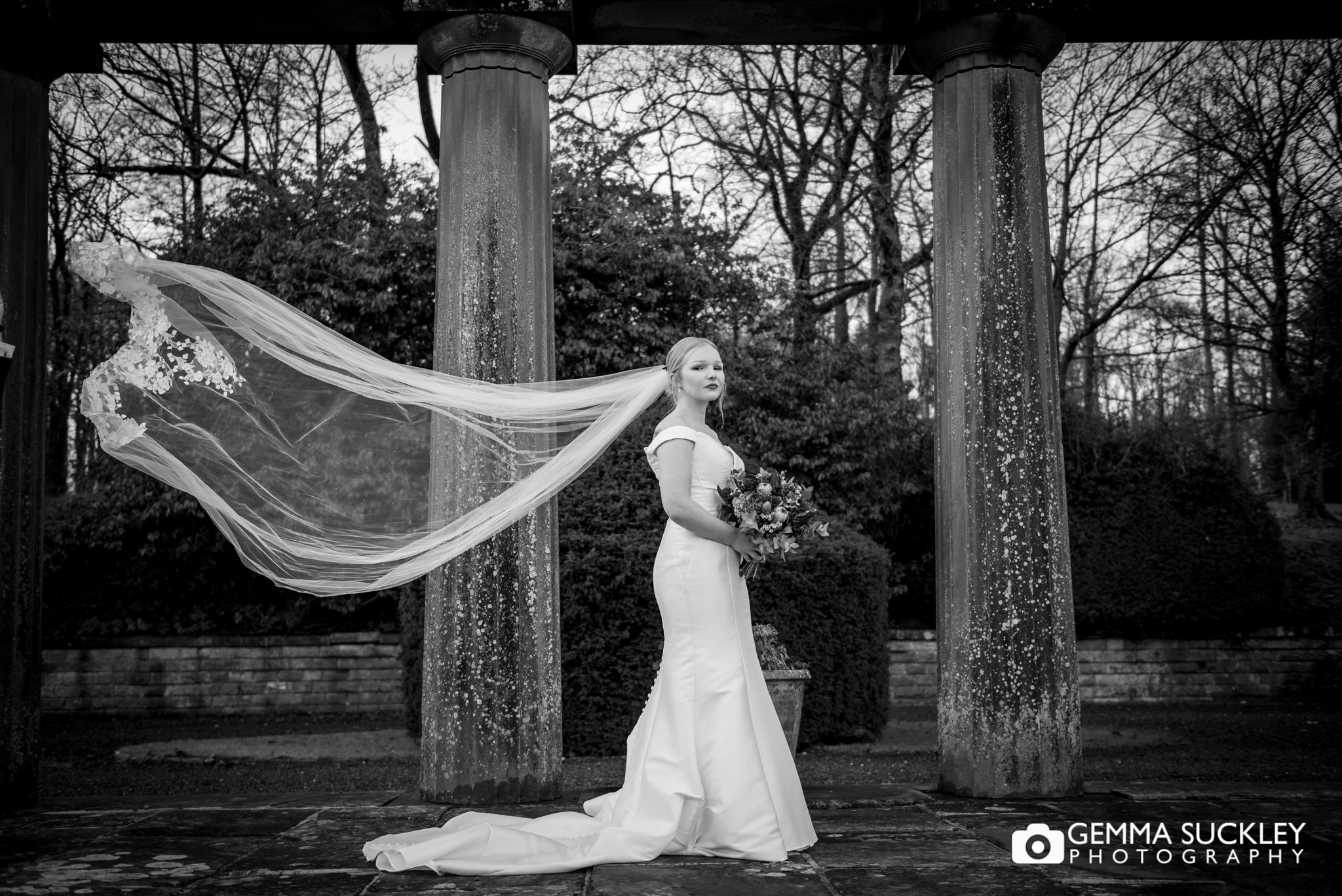 bride veil blowing in the wind at coniston hotel ruin 