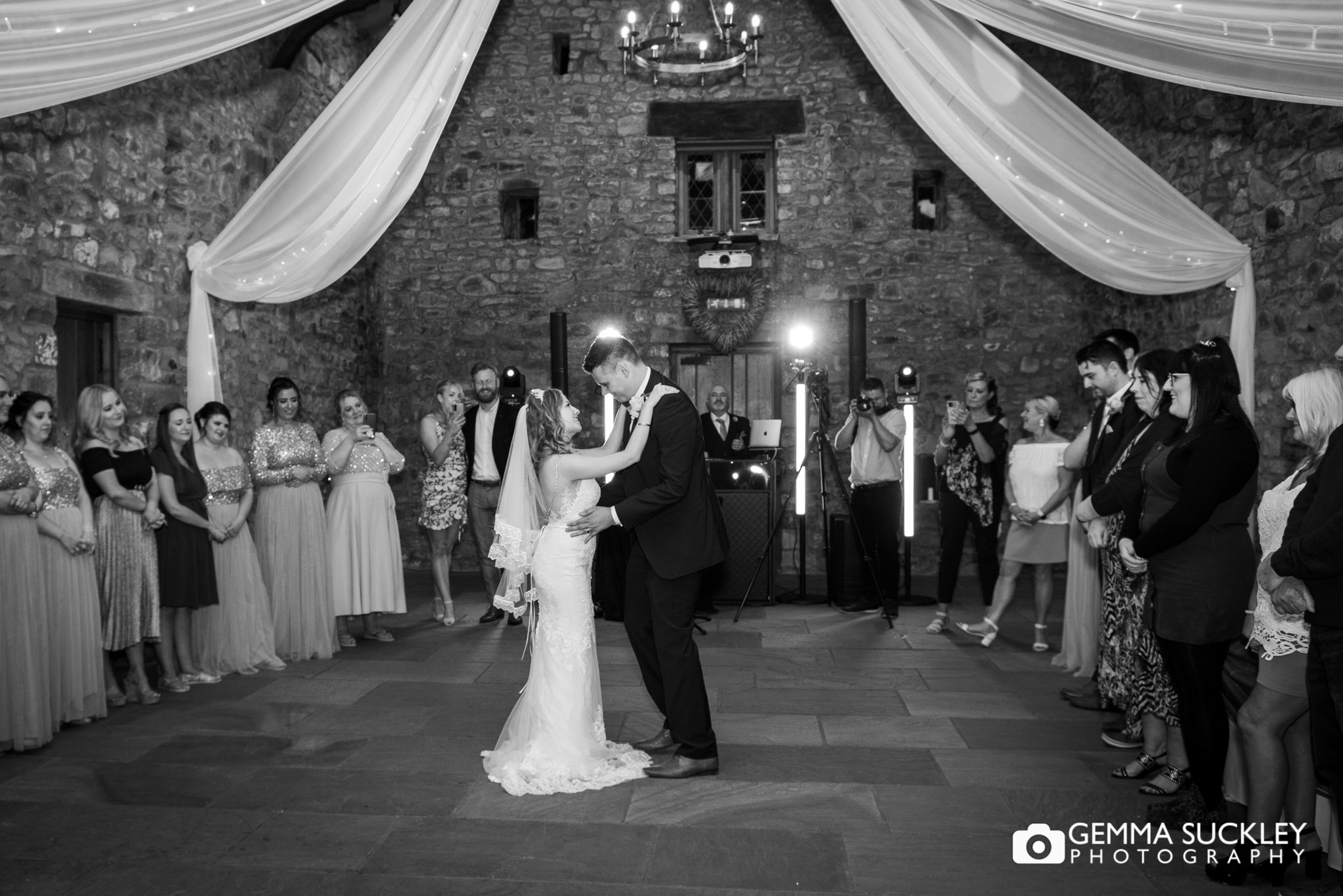 bride and groom first dance at browsholme hall tithe barn