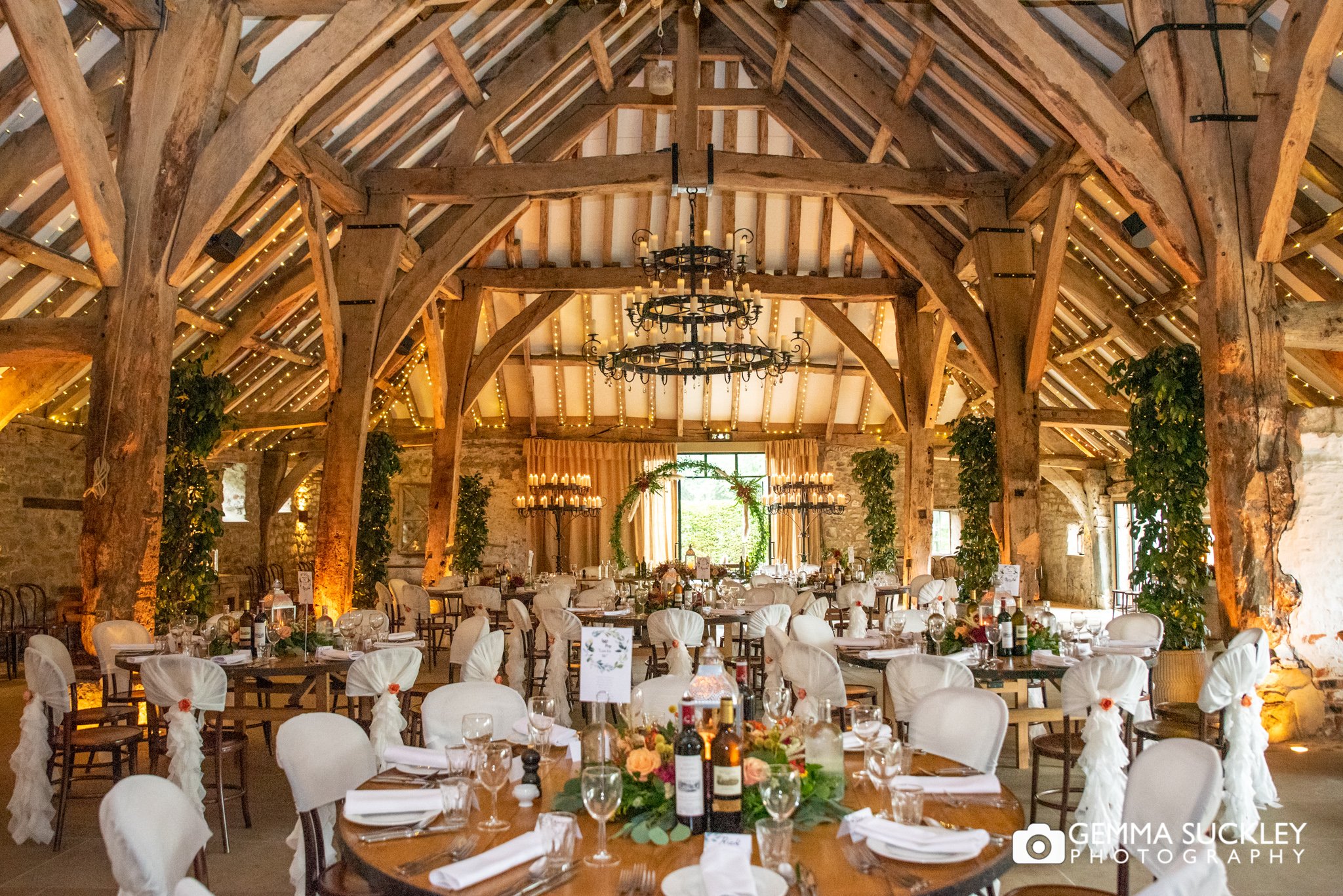 the tithe barn at bolton abbey set for a wedding breakfast 