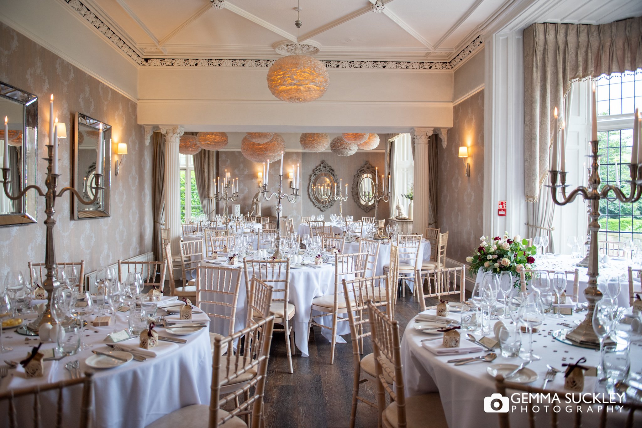 the room set up for a wedding at the falcon manor