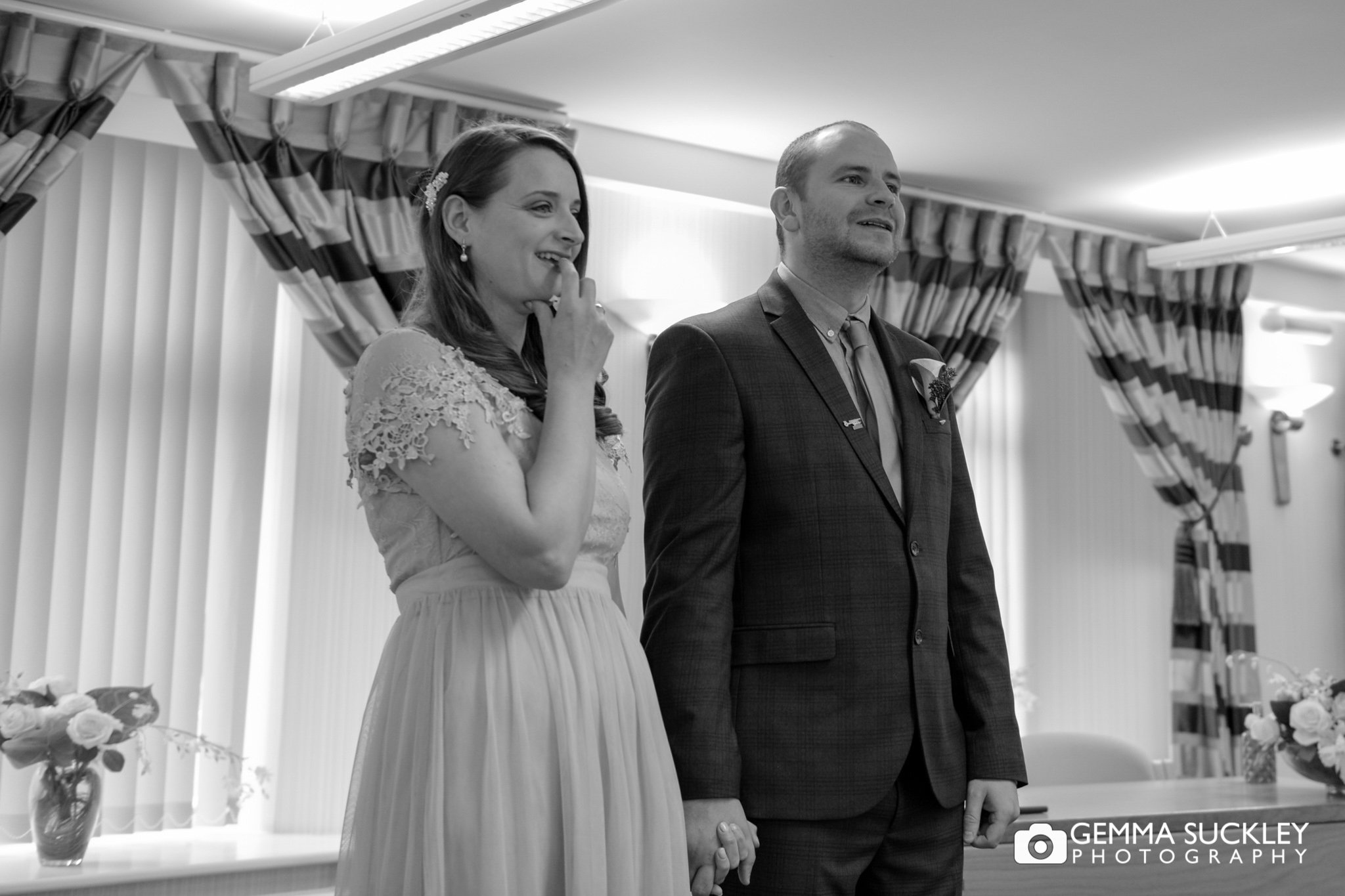 bride and groom at skipton registry office wedding ceremony 