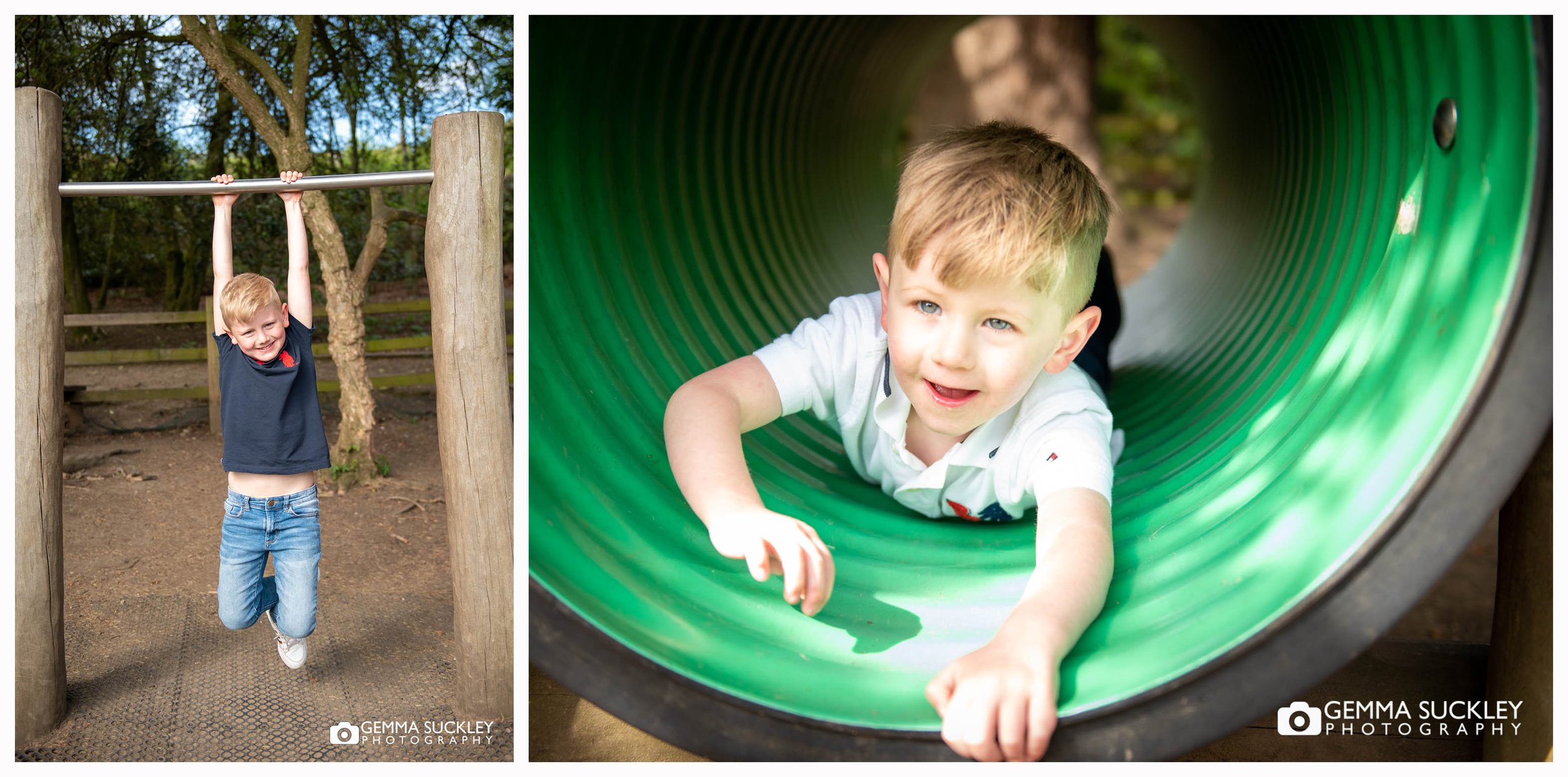 a little boy crawls through a tube in aireville skipton park