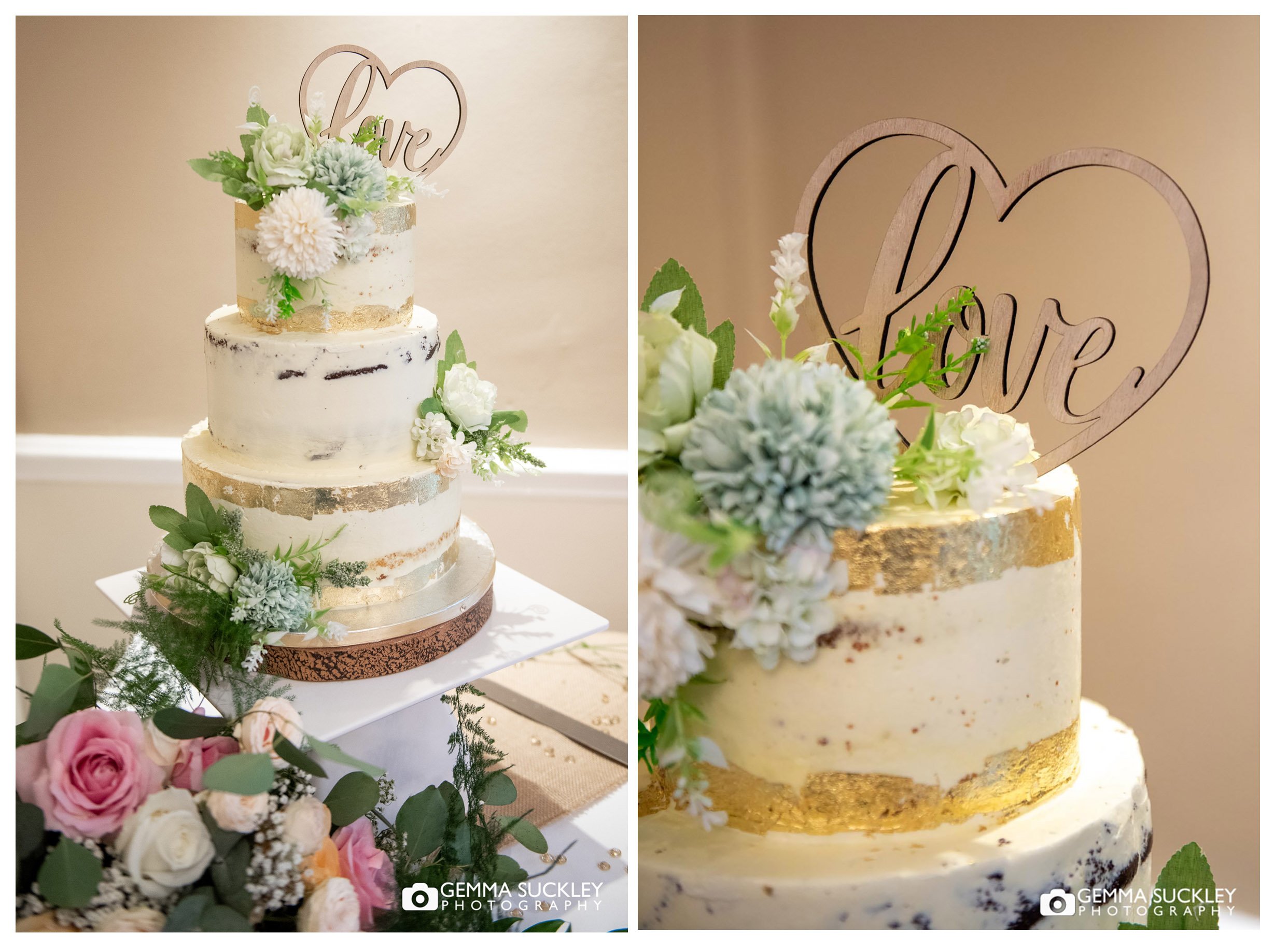 baked wedding cake with gold colouring