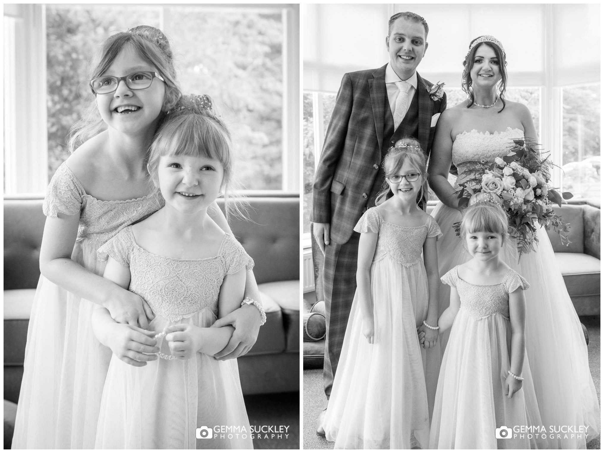 the bride and groom with their daughters at hollins hall hotel