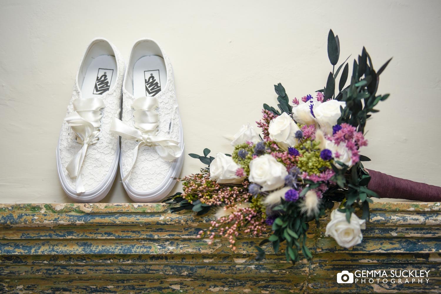 bridal vans and wedding bouquet 