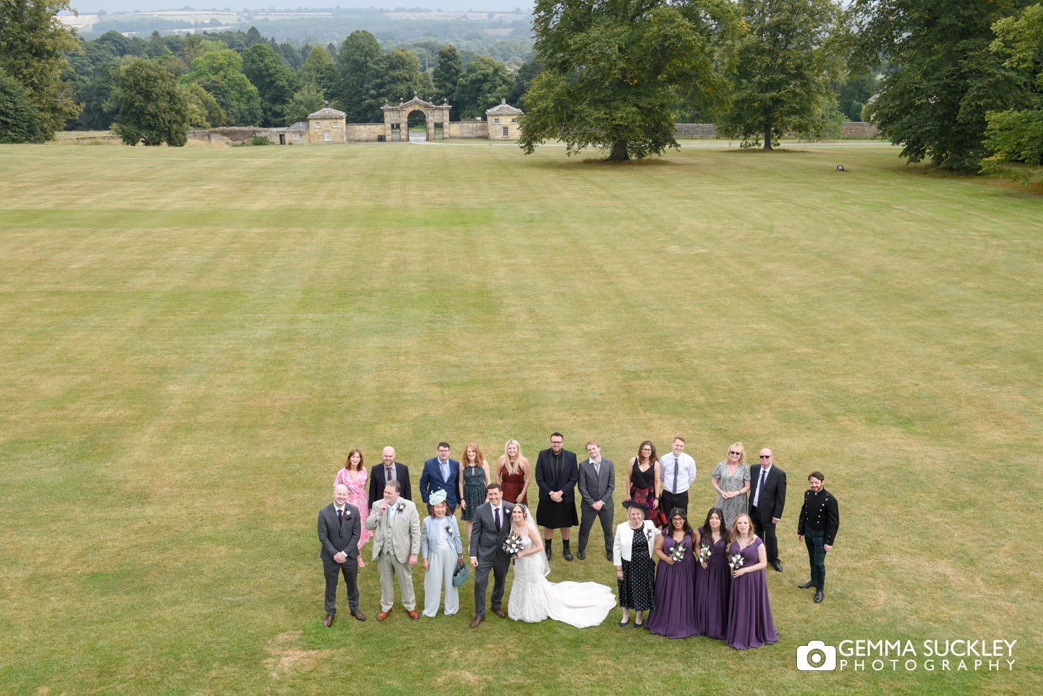 group shot at the whole wedding party at swinton park estate