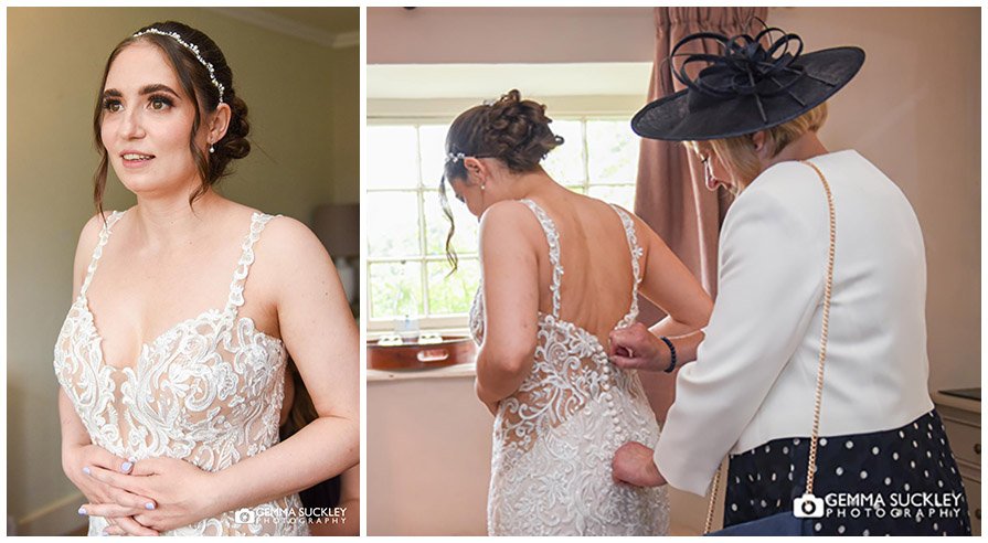 brides mum helping the bride into her dress