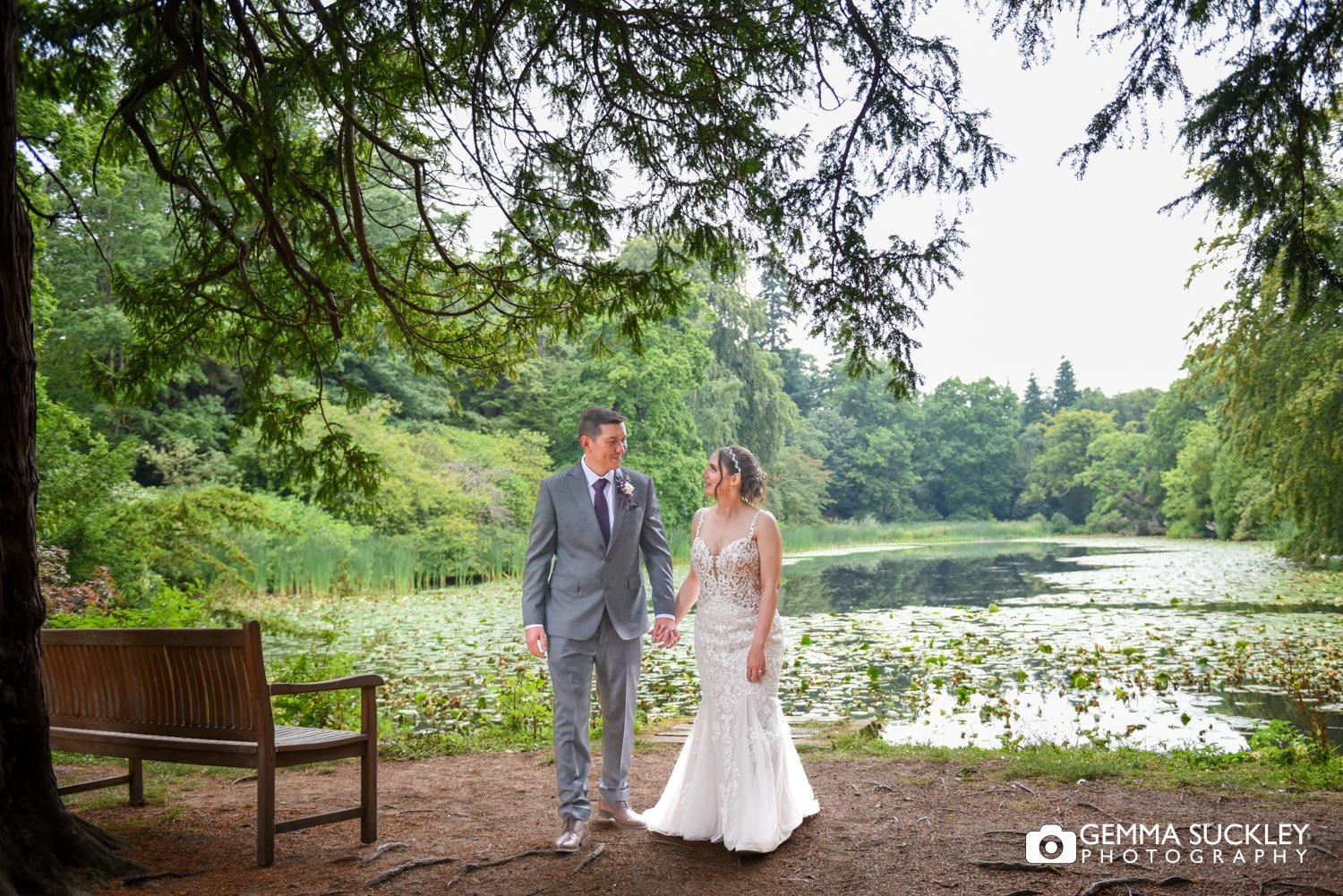 bride an groom at coffin lake on swinton estate