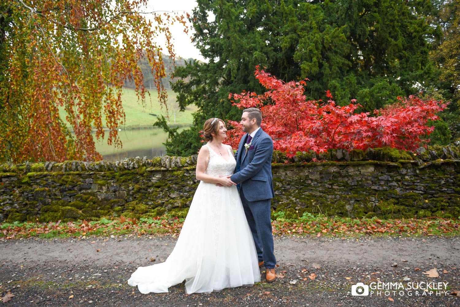 bride and groom at the coniston hotel lake