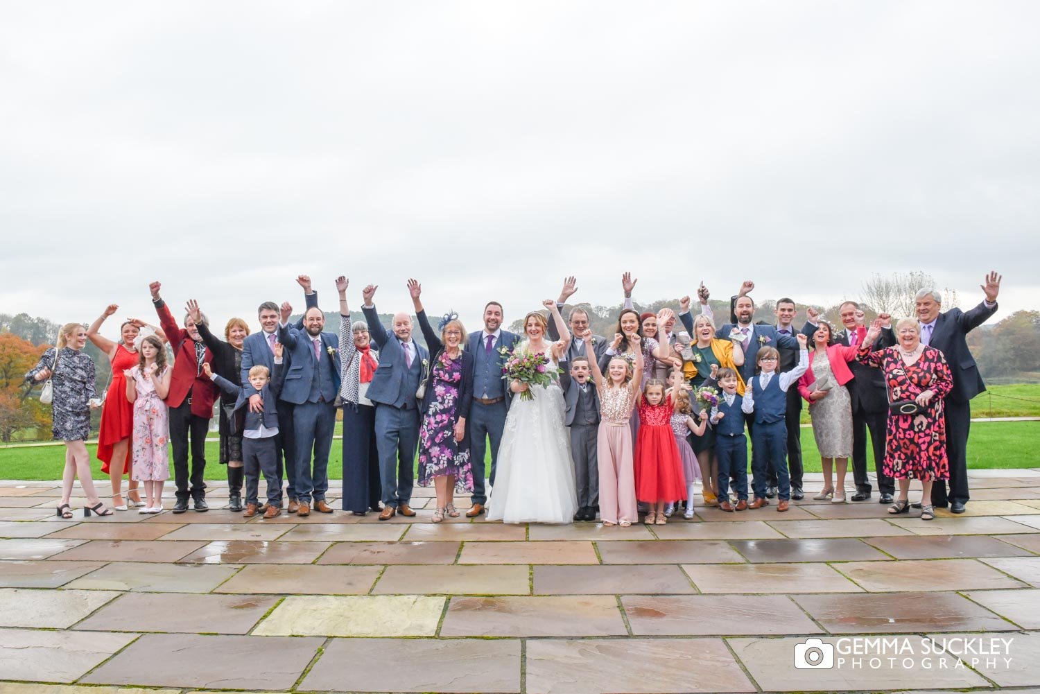 wedding group photo on the coniston hotel terrace