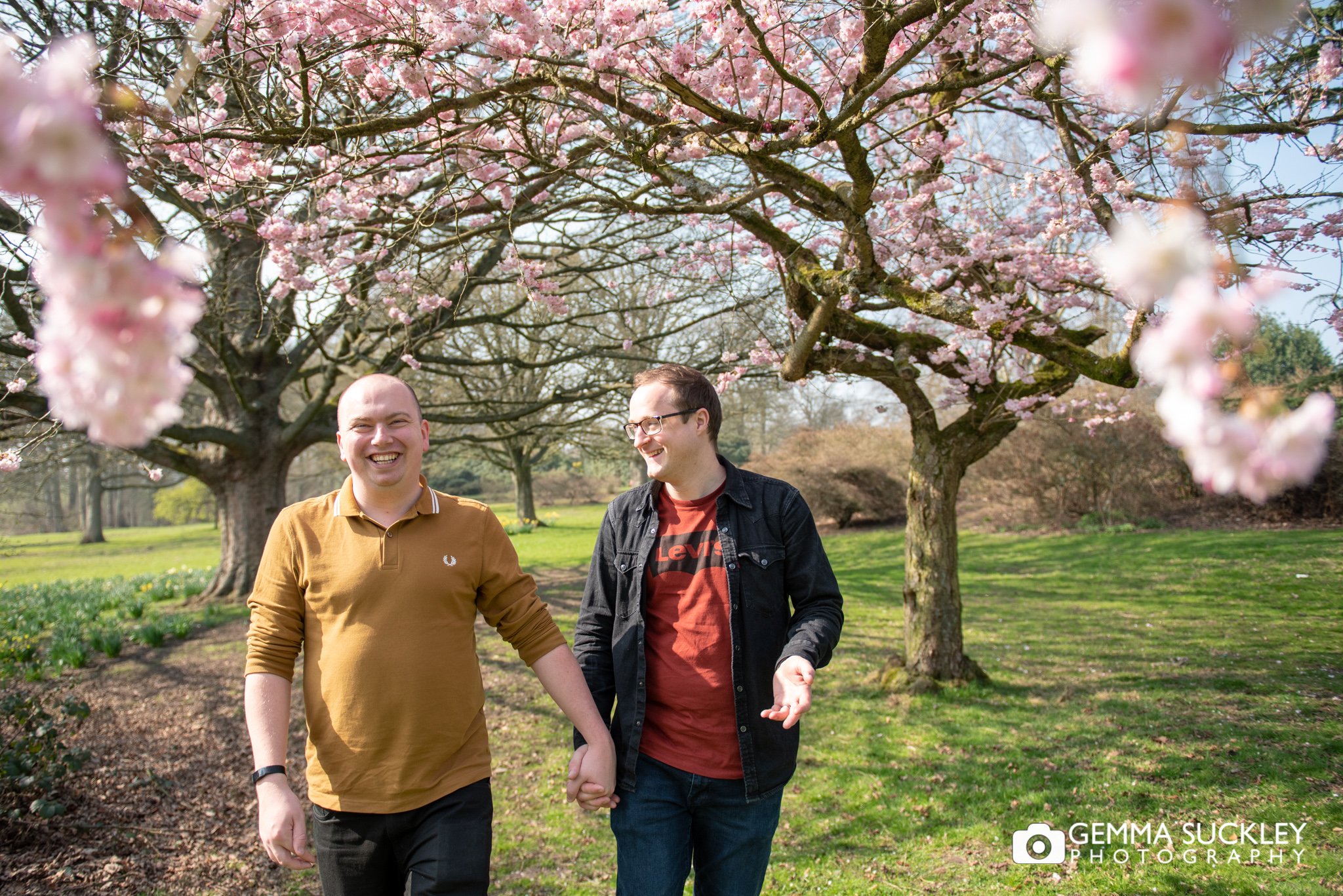 enaged couple walking under blossom trees at temple newman