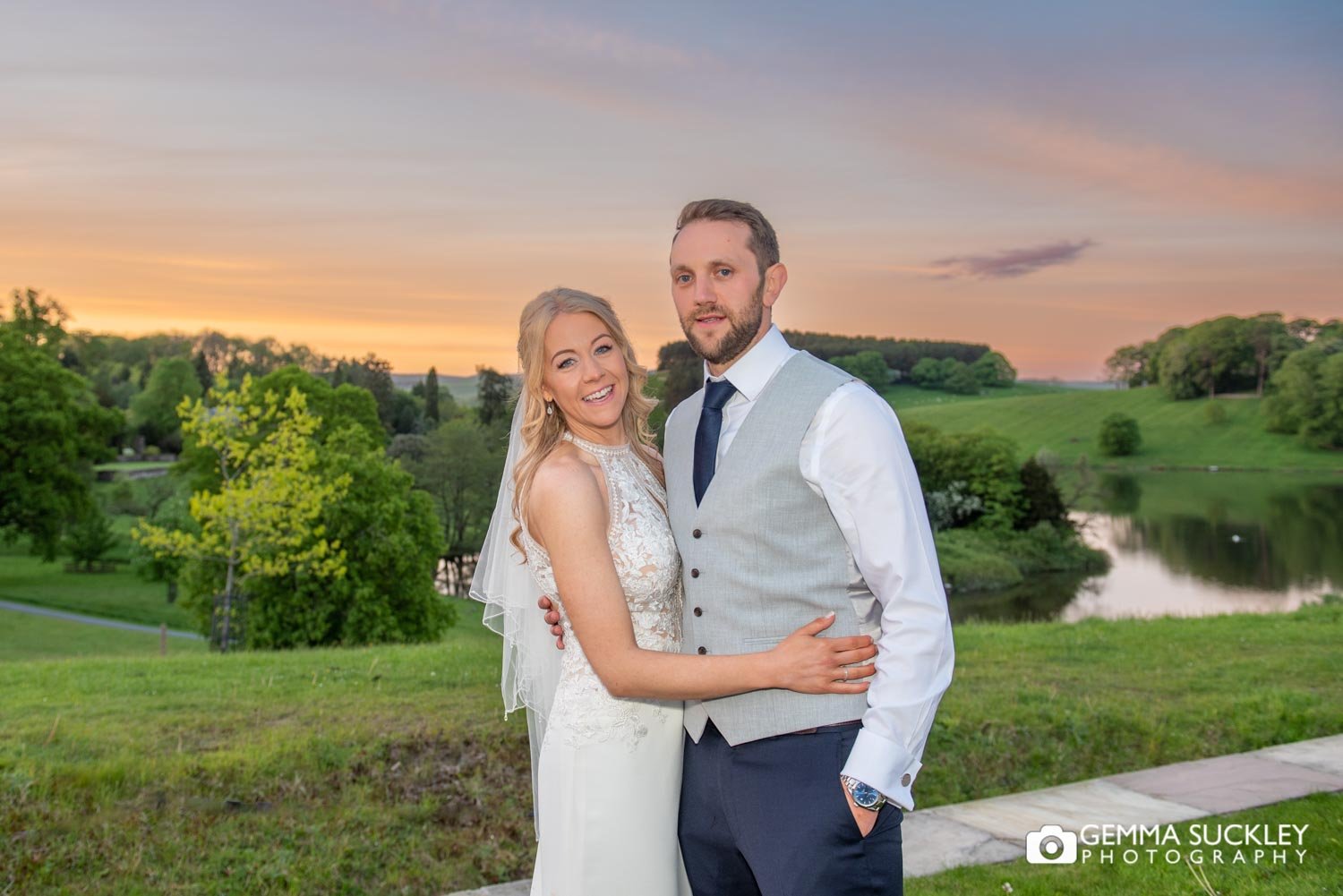 sunset wedding photo of the bride and groom at coniston hotel 